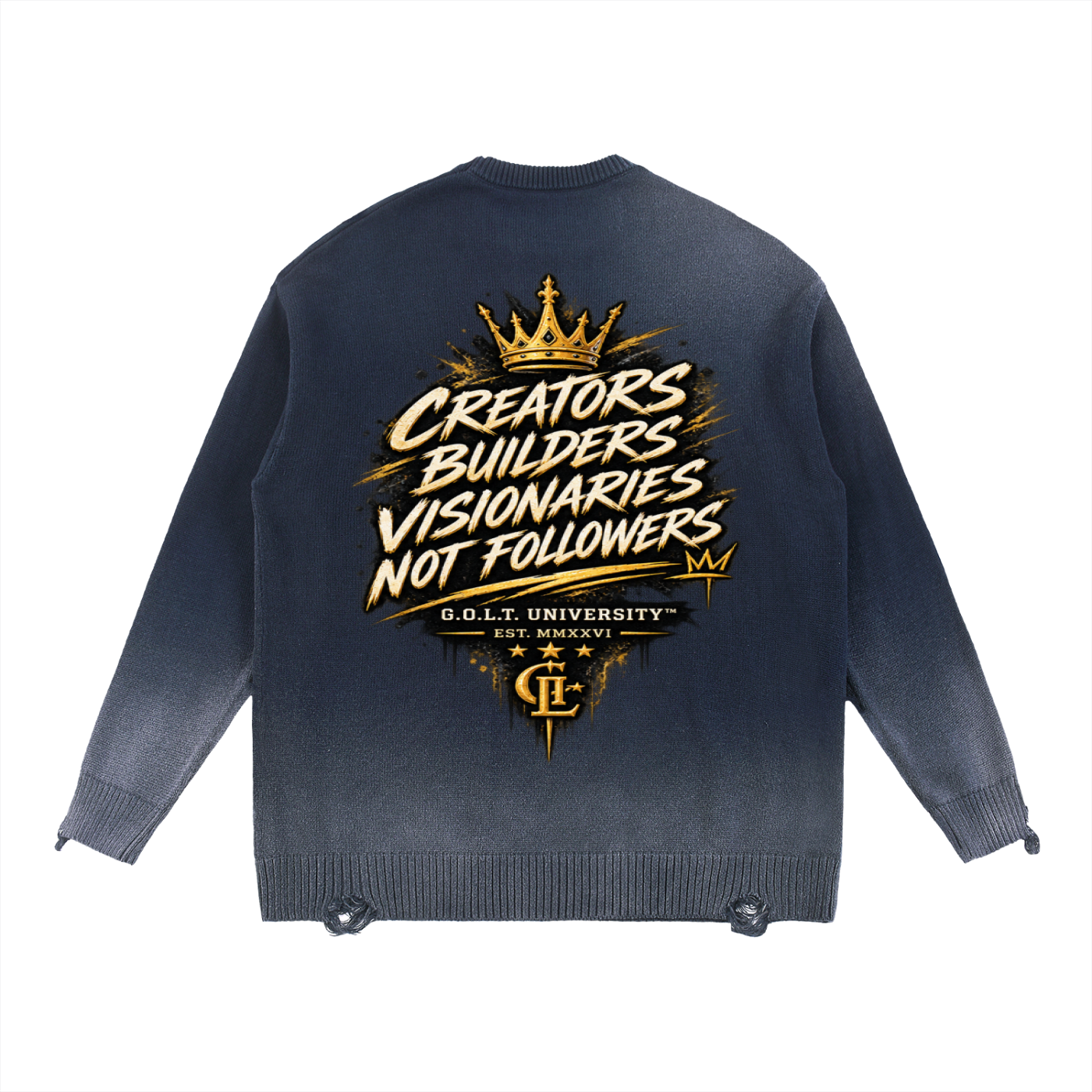 Navy distressed crewneck sweatshirt with back G.O.L.T slogan graphic