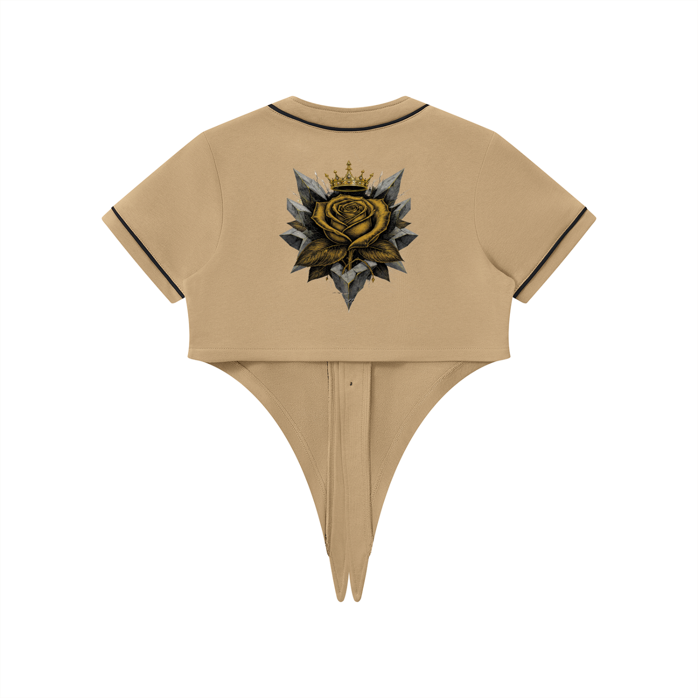 Coffee brown cropped baseball jersey back view with gold rose crest centered and black collar trim.