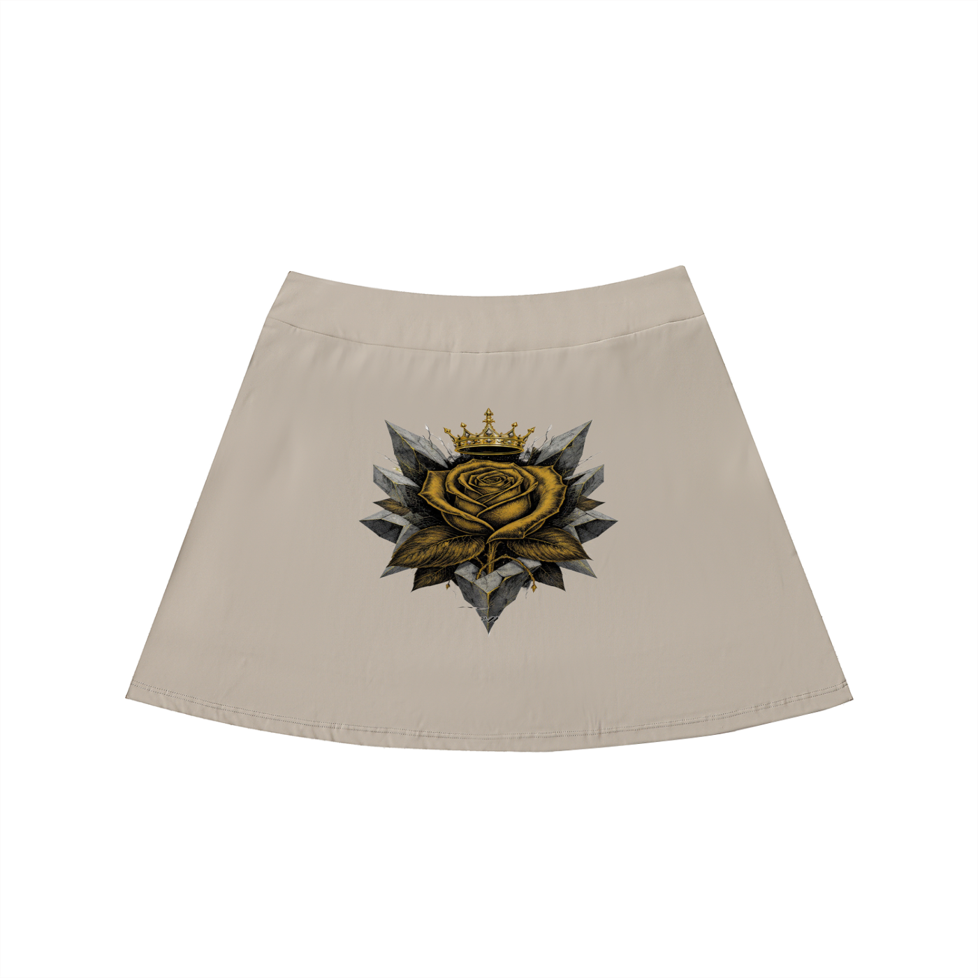 Light coffee high-waist A-line mini skirt with centered gold rose emblem graphic