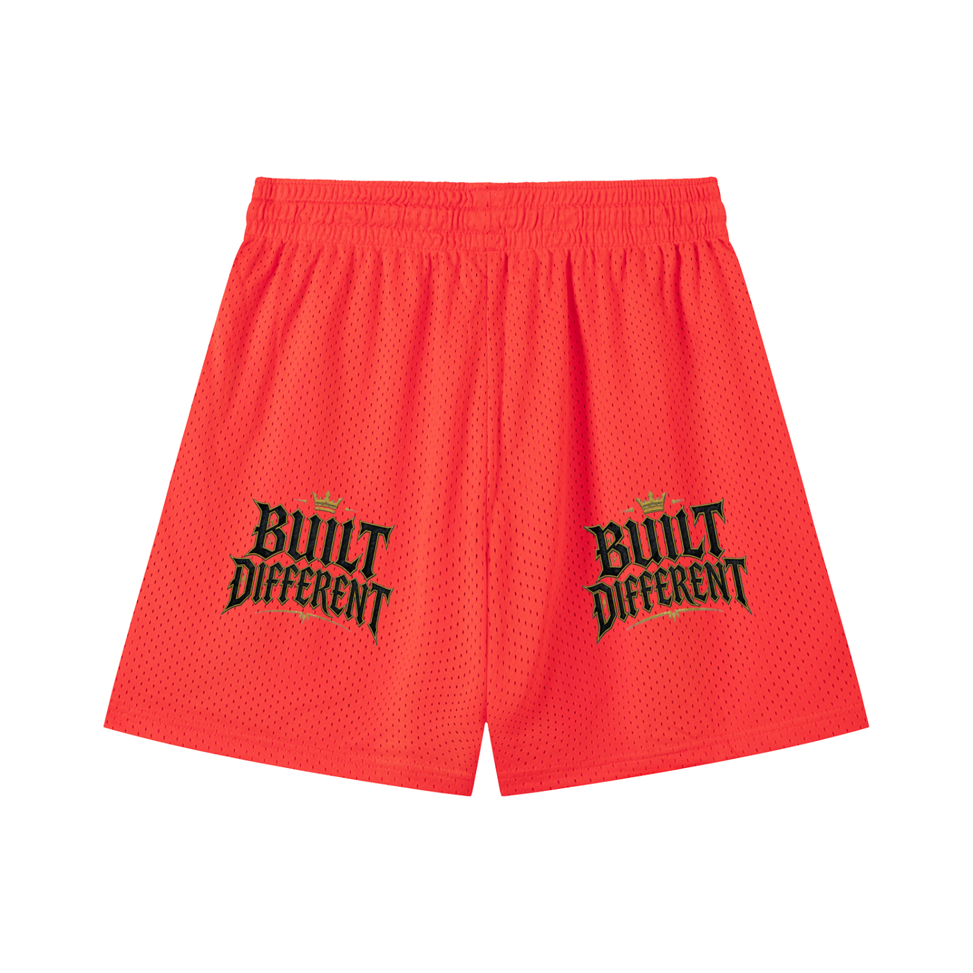 Orange mesh drawstring shorts with “Built Different” graphic on back