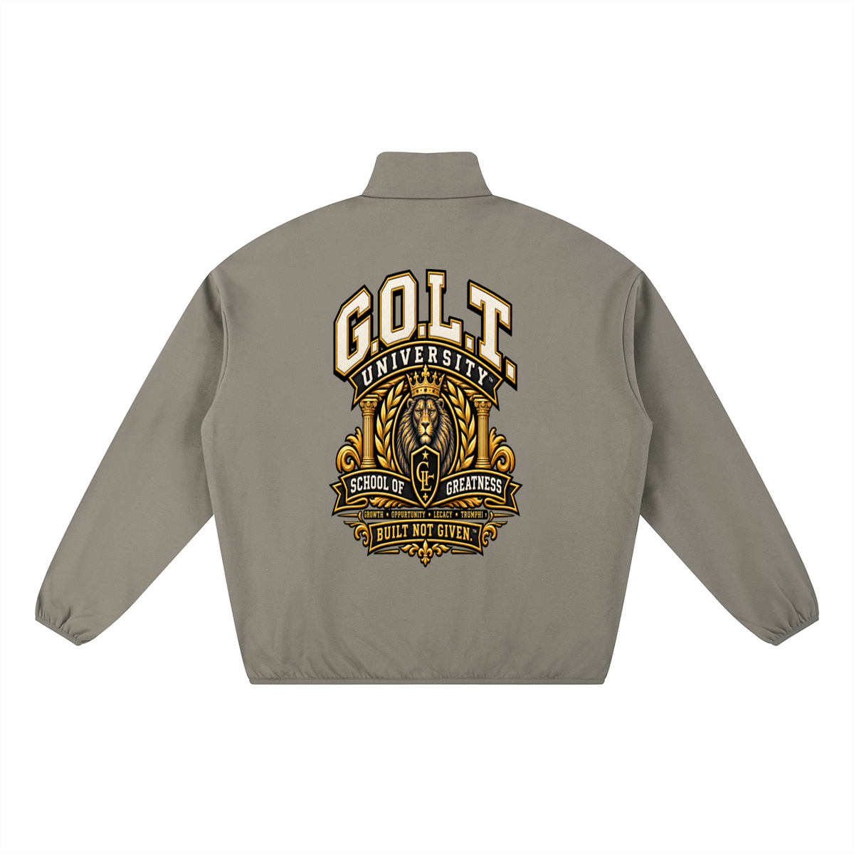 Army green heavyweight jacket with stand collar, front zipper, and large G.O.L.T. back emblem