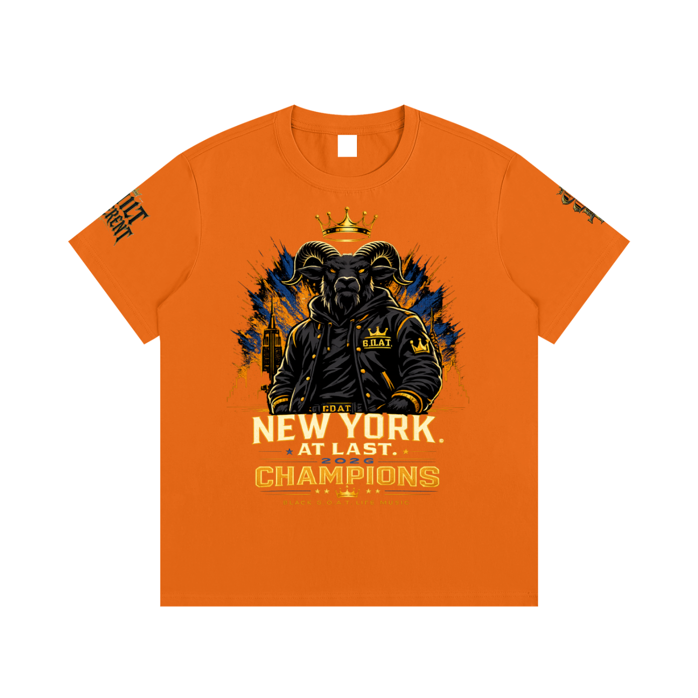 Orange unisex cotton tee with lion helmet graphic and “New York at Last Champions”