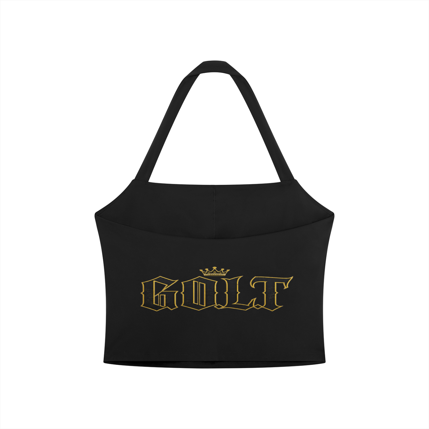 Women's halter crop sports bra, black, front GO.L.T. logo graphic