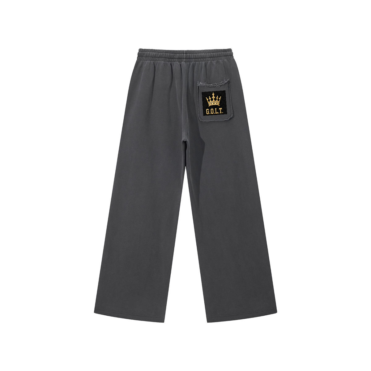 Dark gray raw-edge sweatpants with elastic waistband and small G.O.L.T. pocket logo