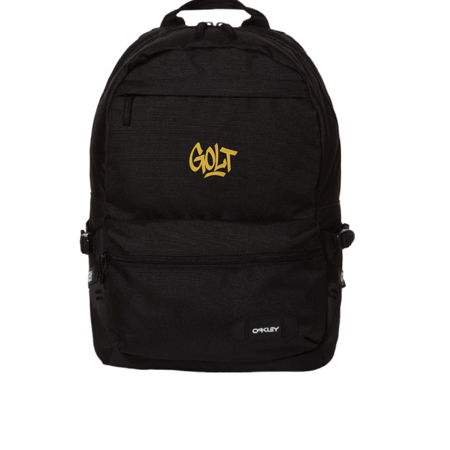 Black backpack with front zipper pocket and MOLLE side straps