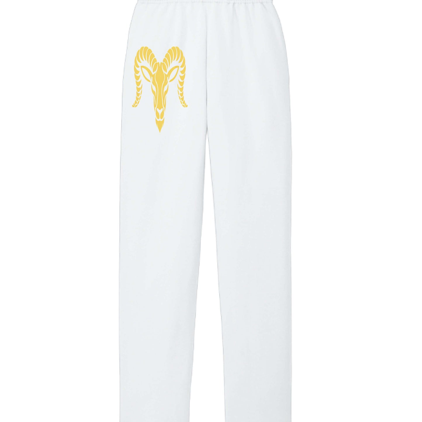 White sweatpants with gold winged ram logo on left thigh; cuffed jogger hem