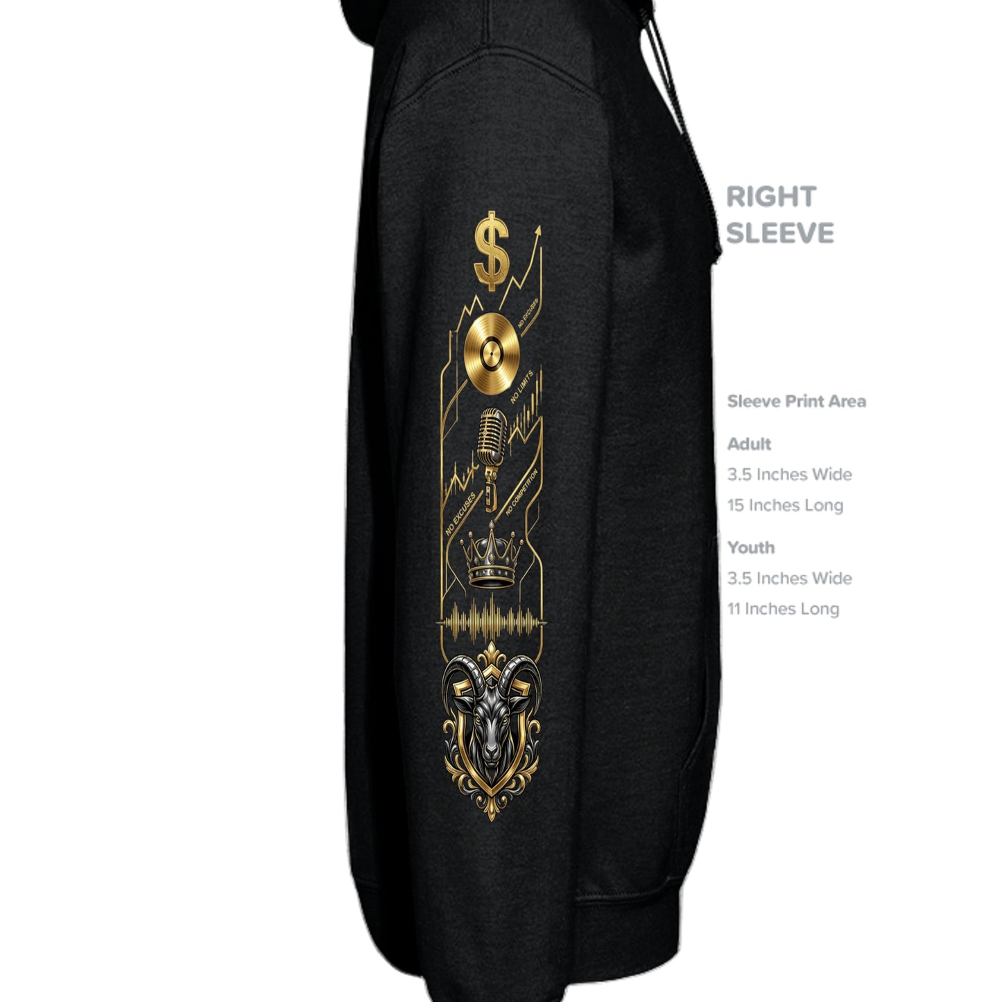 G.O.A.T. vintage black hoodie right sleeve with gold dollar symbol and crest graphic
