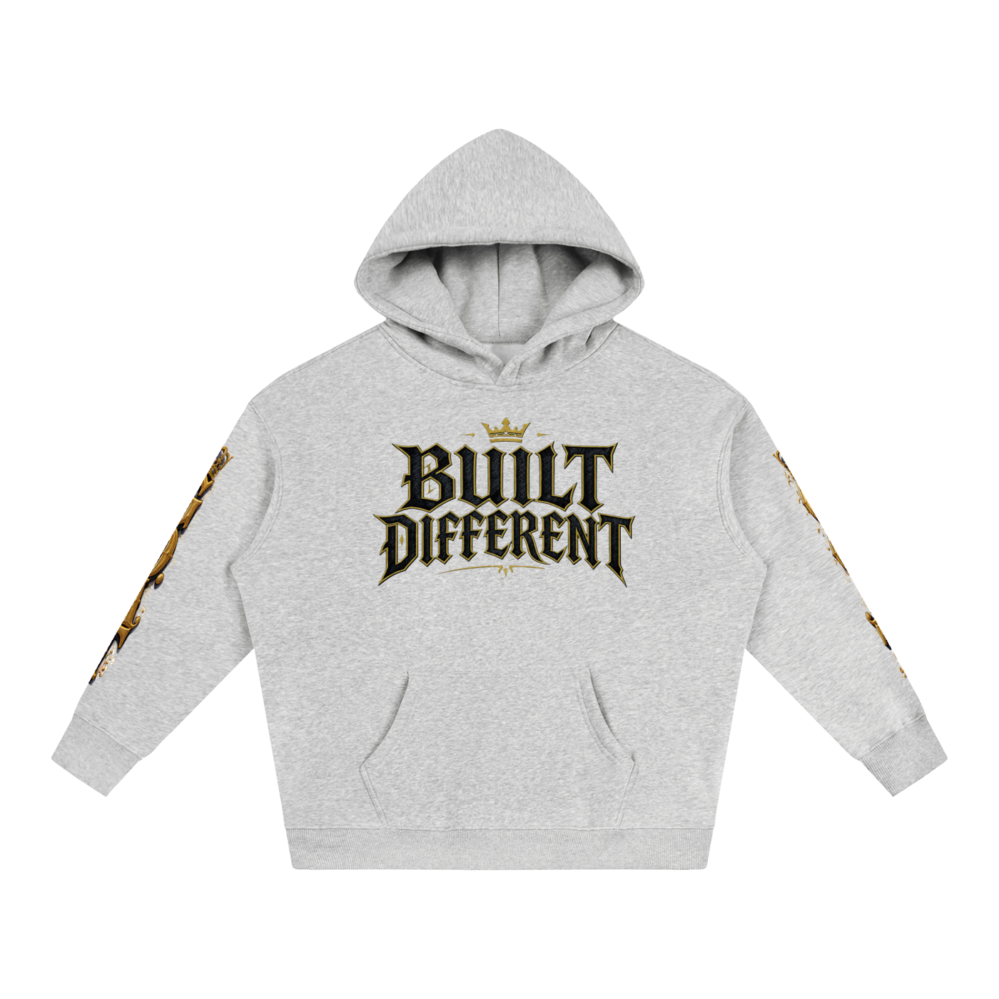 Gray oversized fleece hoodie, front graphic "Built Different" and gold sleeve print