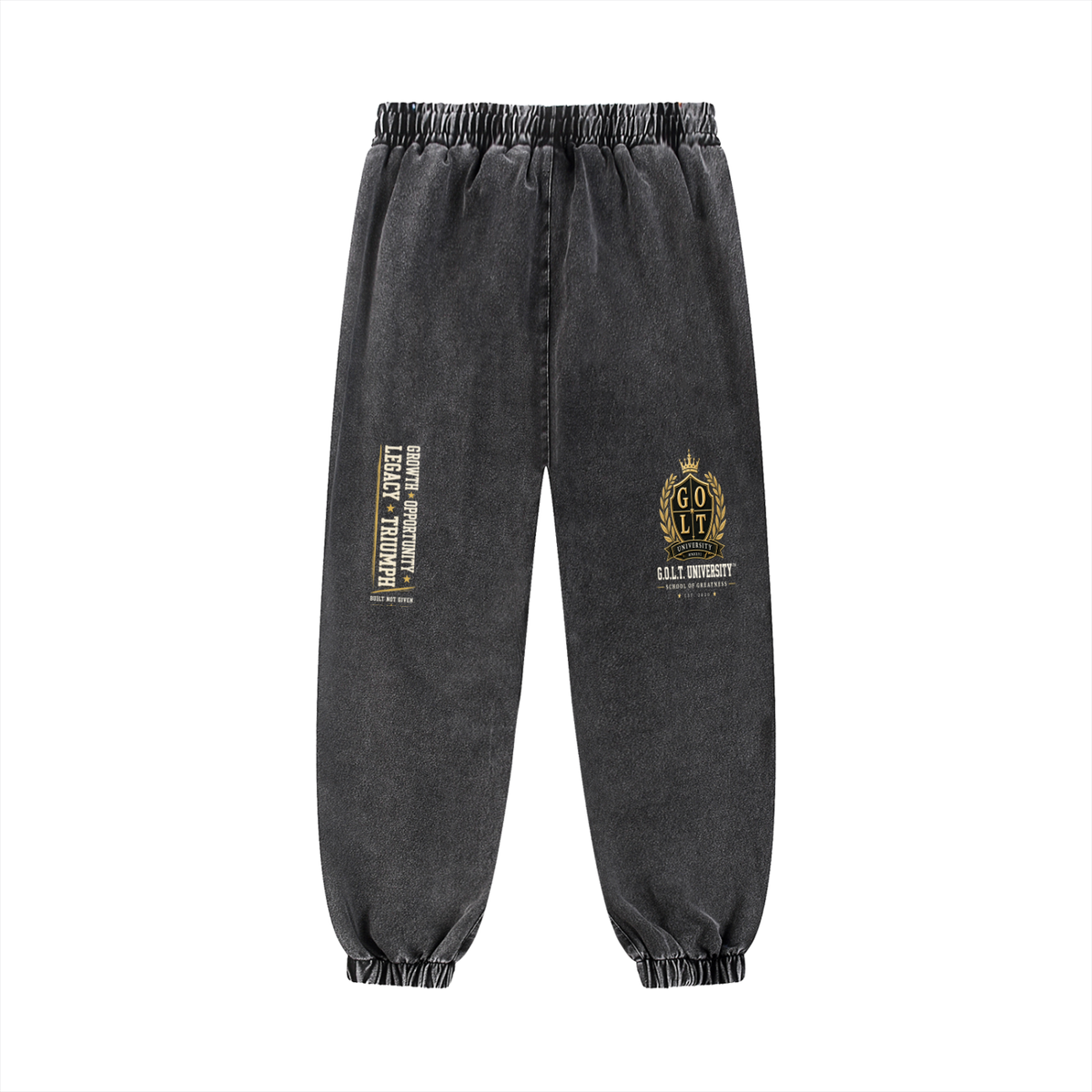 Dark snow-wash heavyweight joggers with gold crest graphic and vertical text label