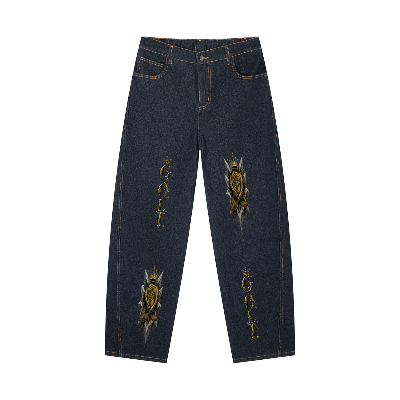 Navy barrel-leg jeans flat lay with gold emblem and stylized graphic embroidery on legs