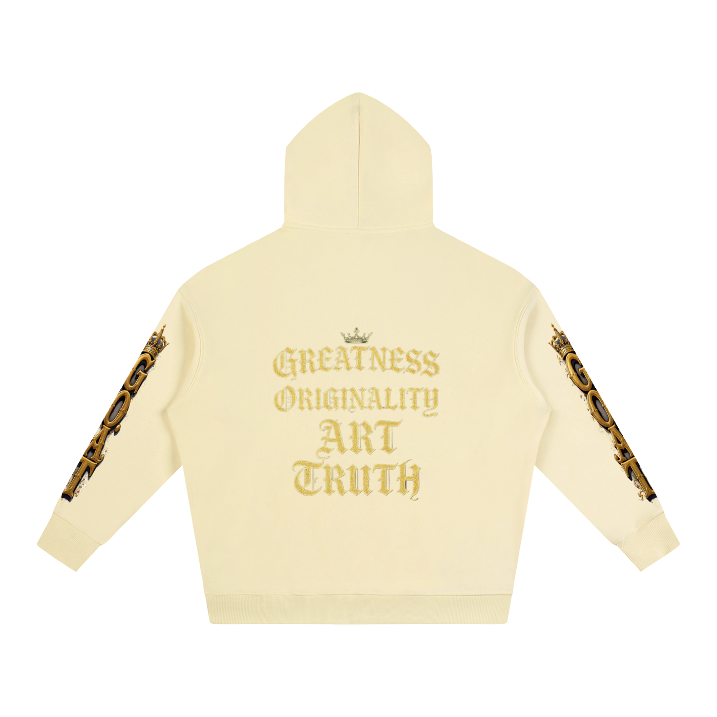 Cream oversized fleece hoodie, back text "Greatness Originality Art Truth"