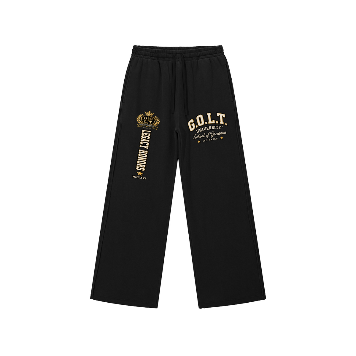 Black raw-edge sweatpants with elastic waistband and gold G.O.L.T. graphic on leg