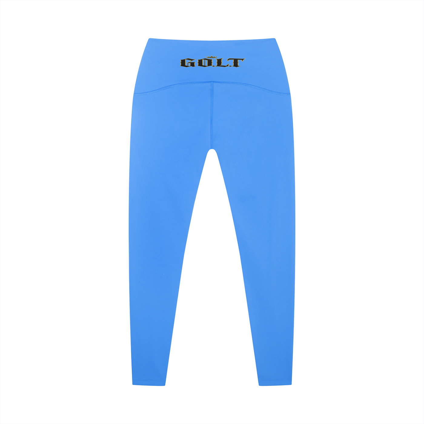 Blue high-waisted ankle yoga leggings with G.O.L.T. waistband logo