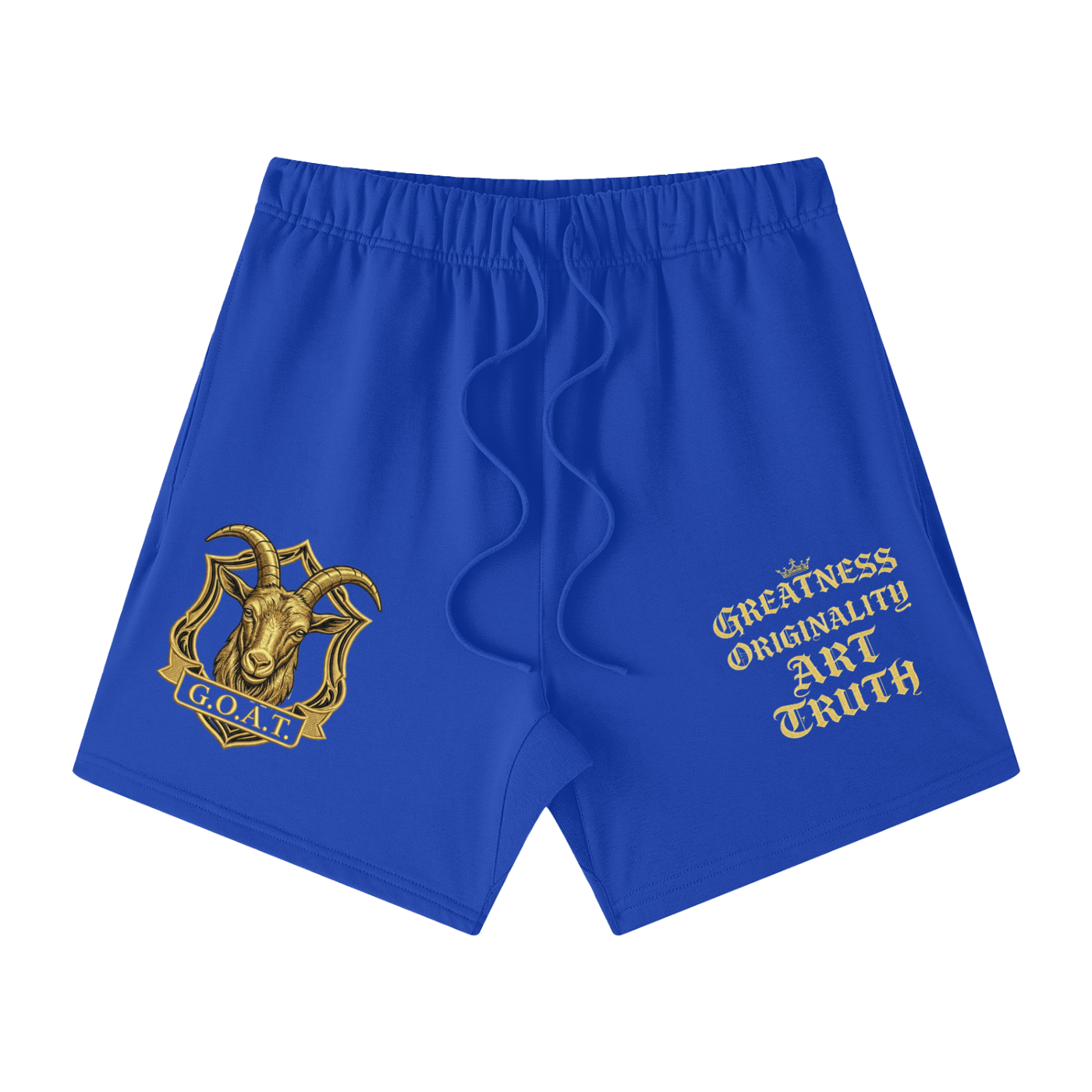 Royal blue loose-fit cotton shorts with gold emblem on left leg and text on right