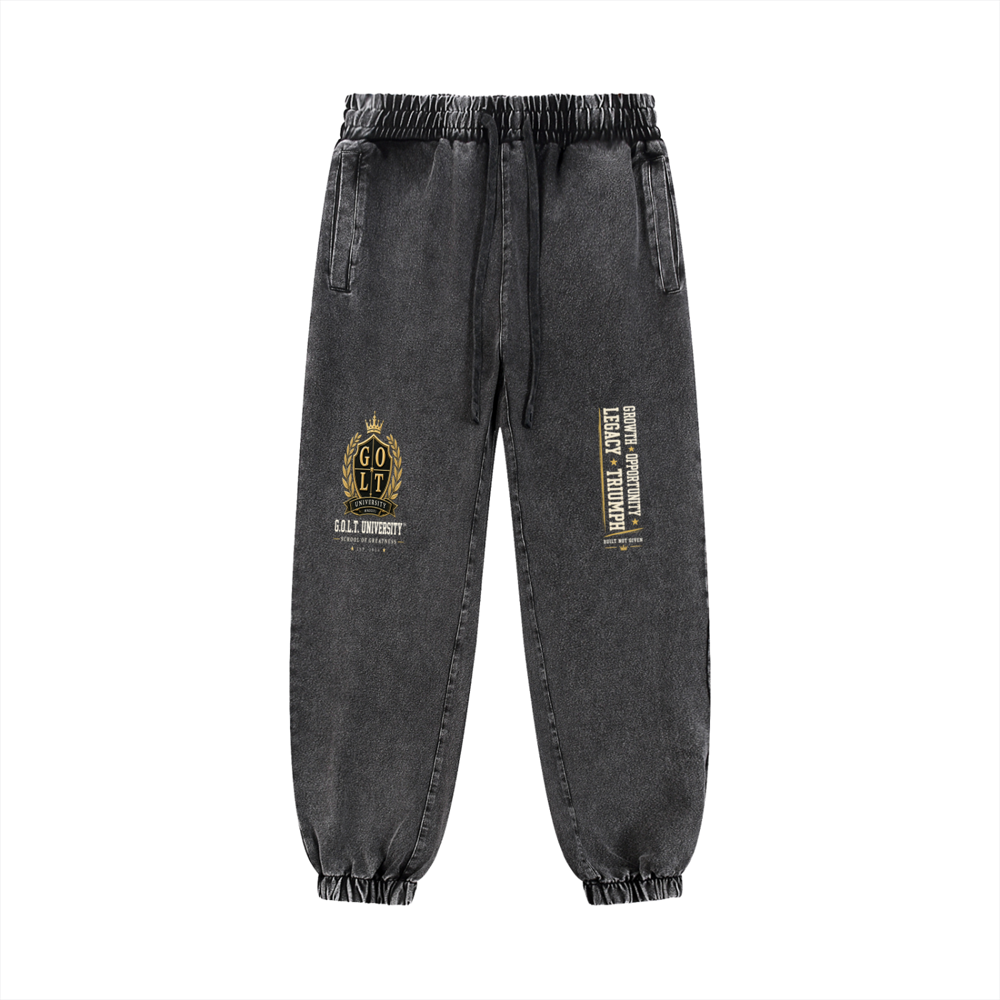 Dark snow-wash heavyweight joggers with gold crest patch and side text label
