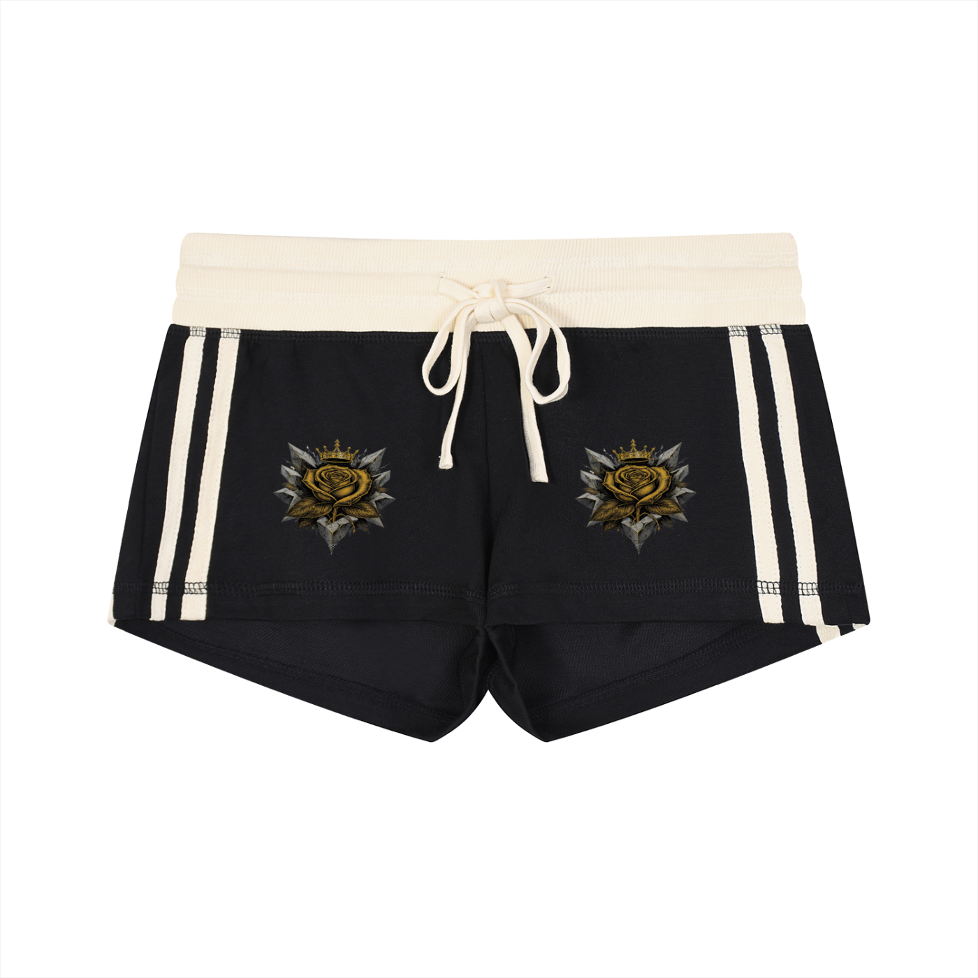 Women’s running track shorts in black with white contrast stripe panels and graphic roses