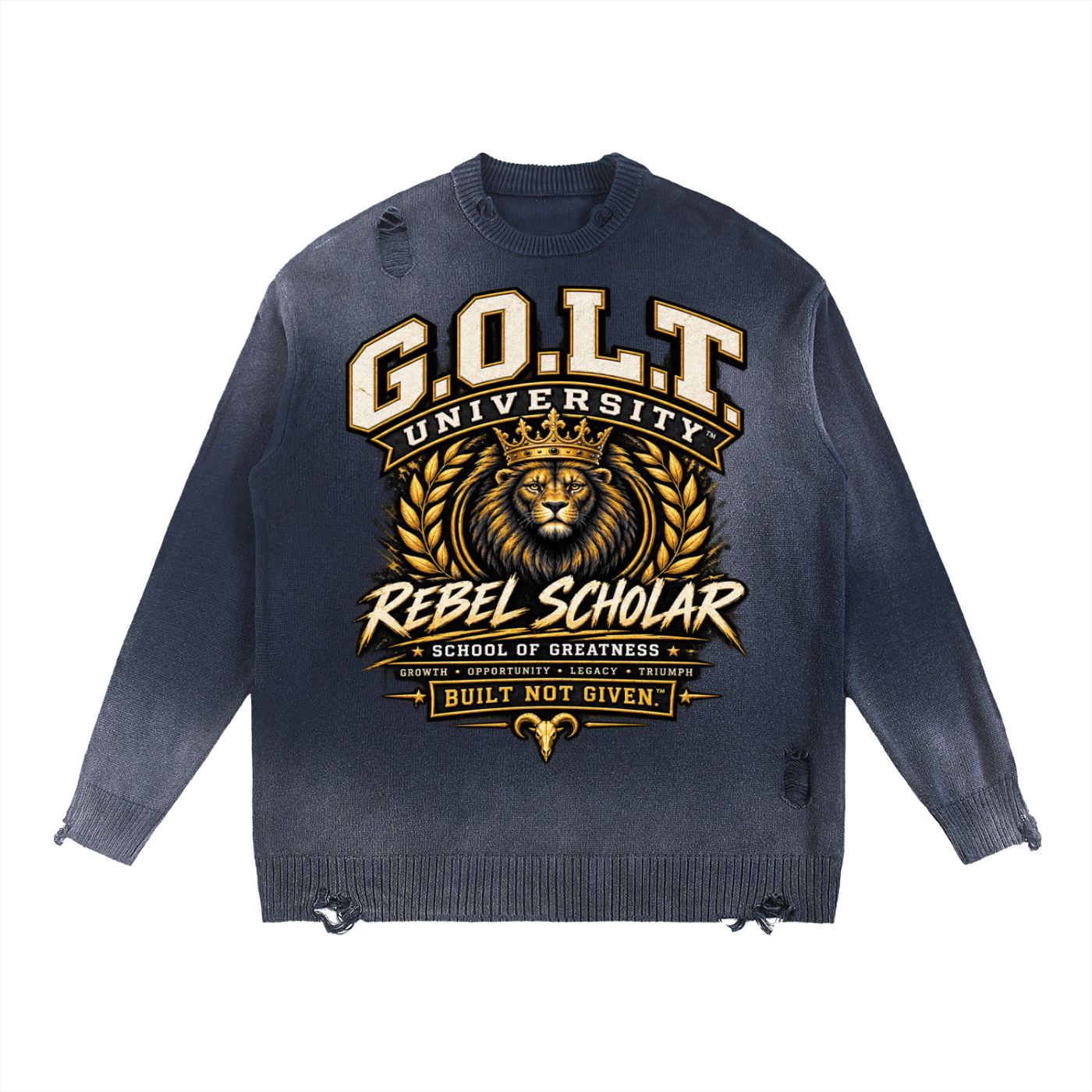 Navy distressed crewneck sweatshirt with front G.O.L.T lion emblem graphic
