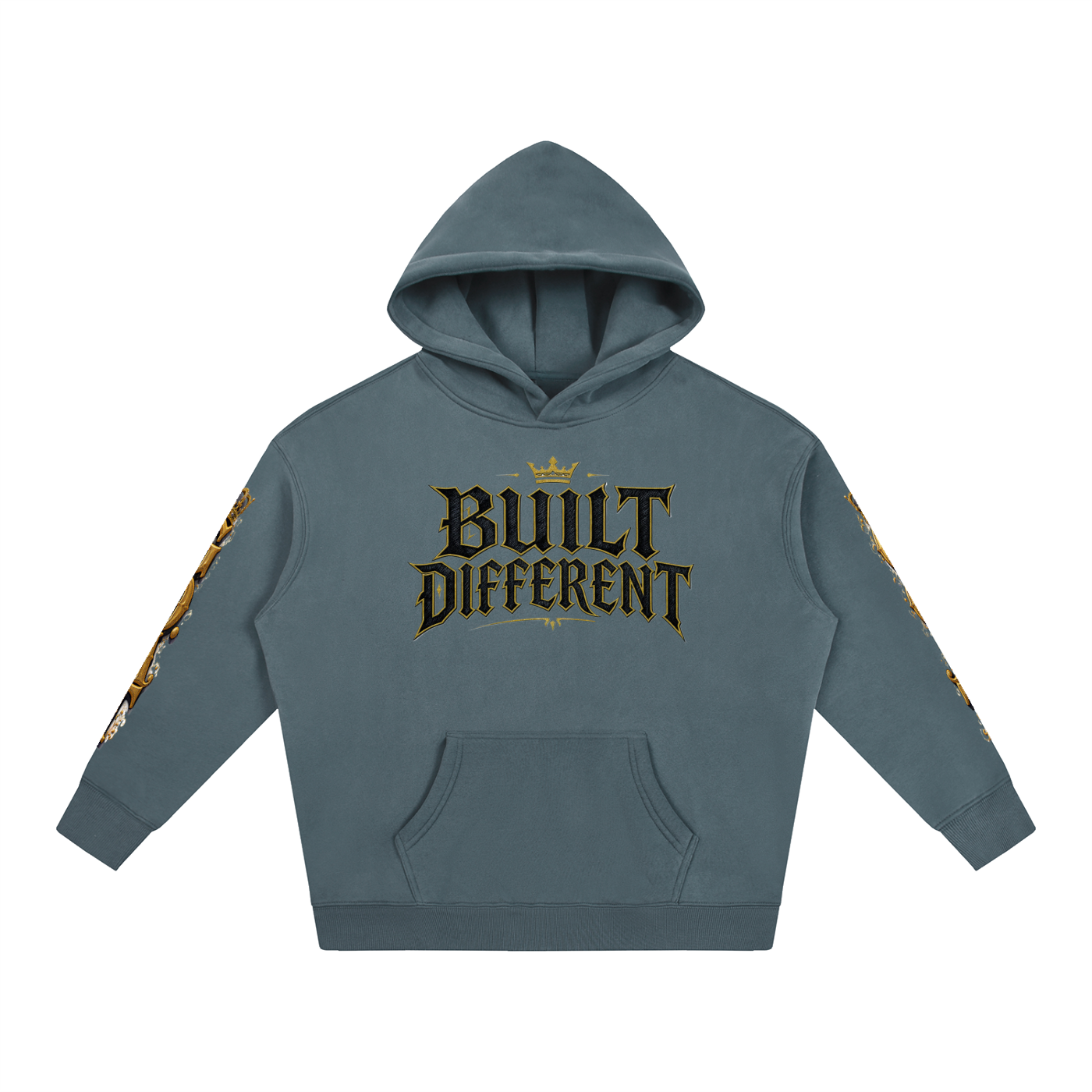 Oversized fleece hoodie, slate teal, front print, hood and kangaroo pocket