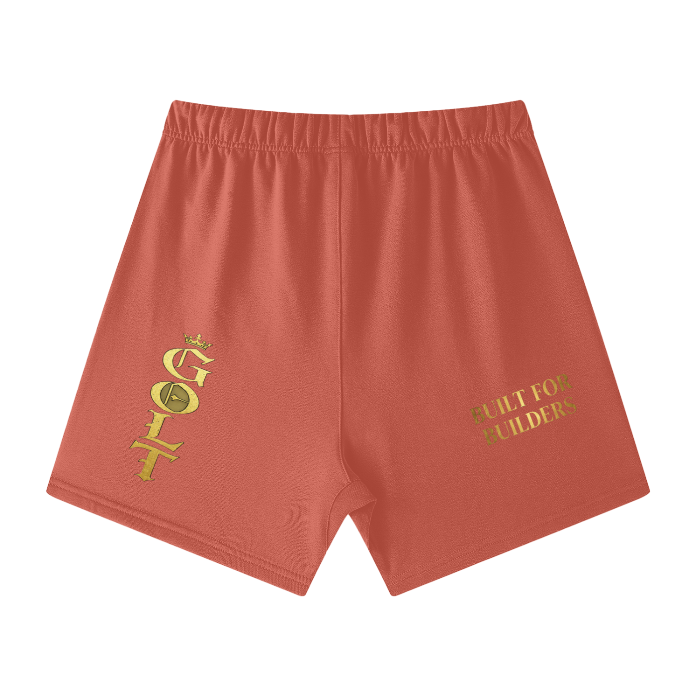 Coral pink loose-fit cotton shorts with gold emblem on left leg and small text right