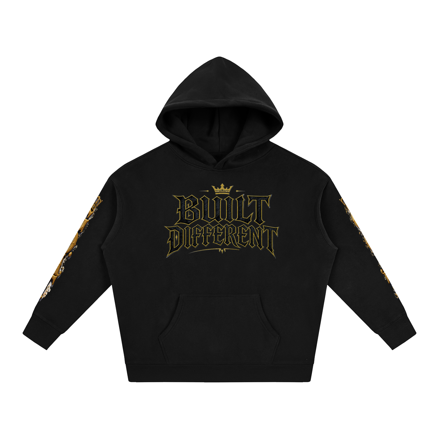 Black oversized fleece hoodie, front 'Built Different' logo with gold sleeve accents