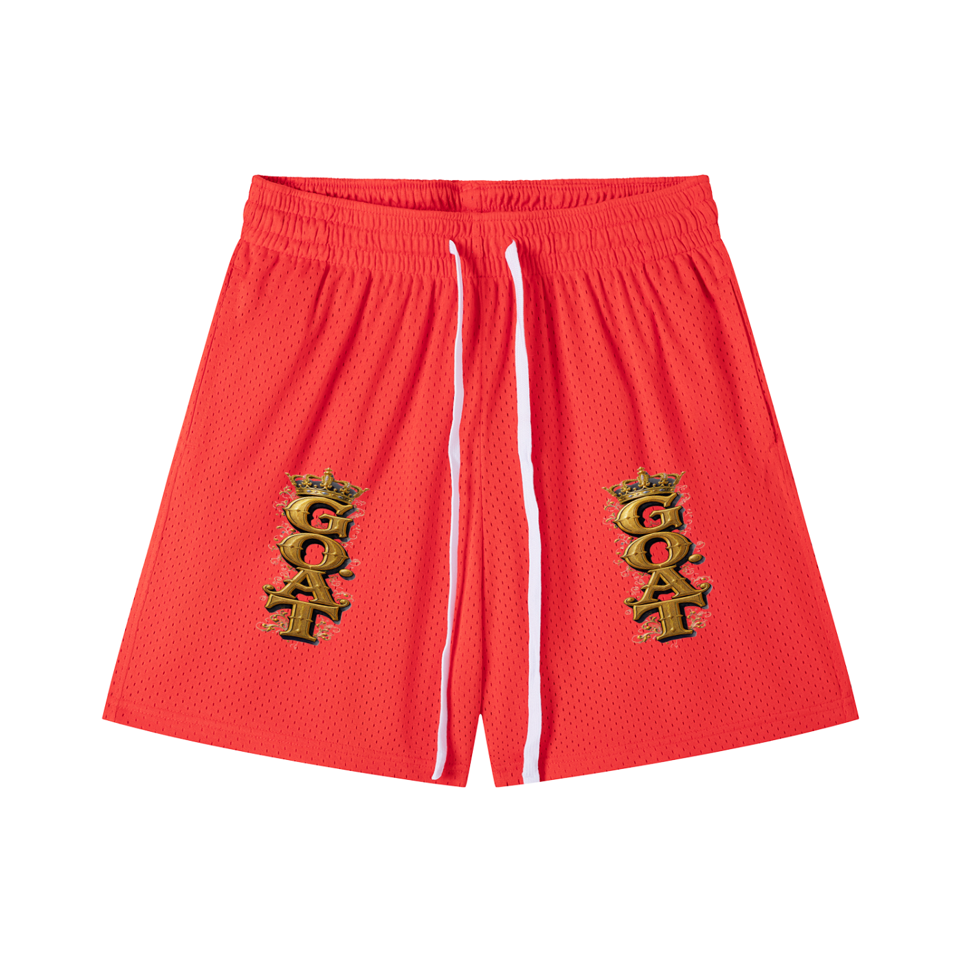 Orange mesh drawstring shorts with white drawcord and gold emblem patches