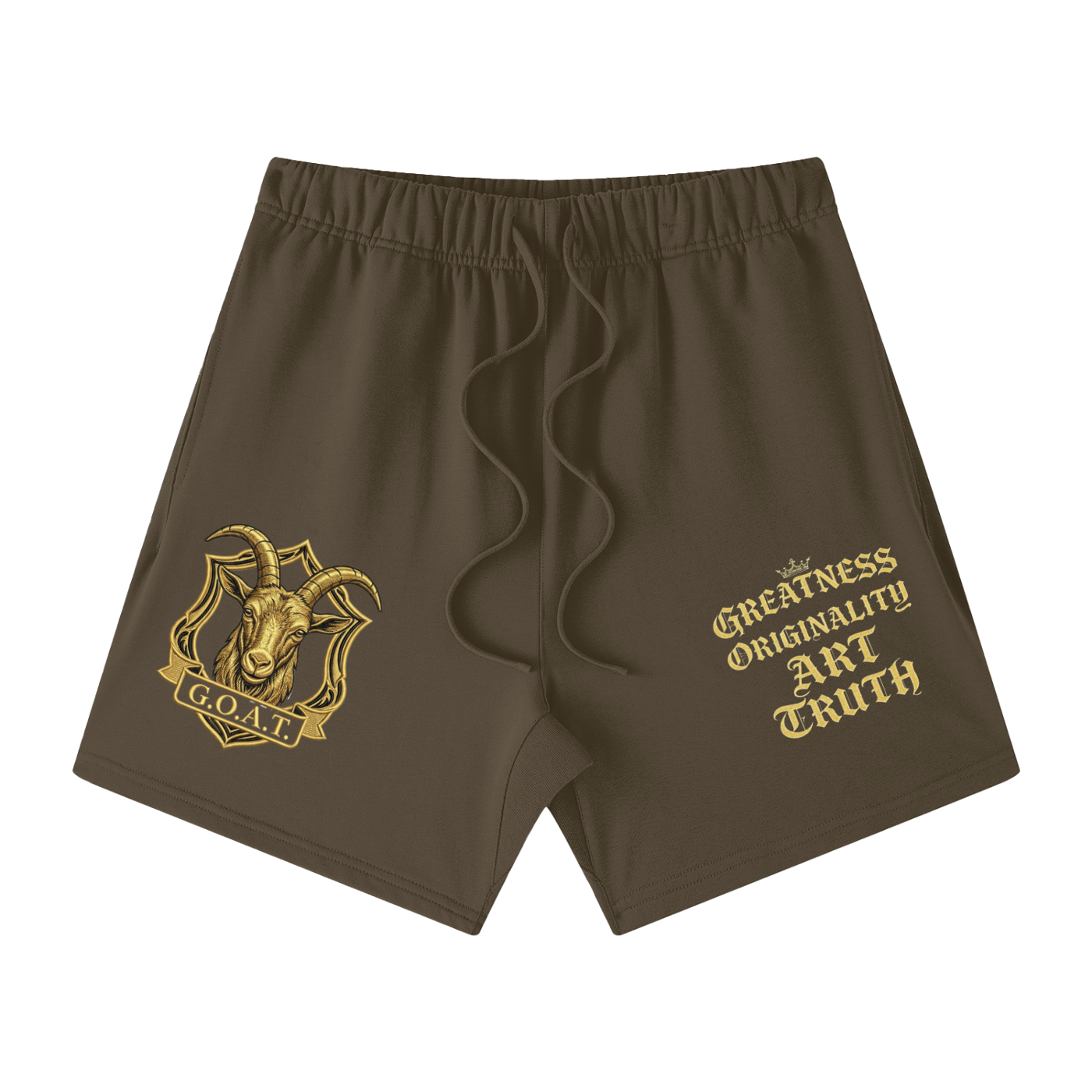 Unisex cotton shorts, dark olive, elastic waistband, gold logo and slogan graphic.