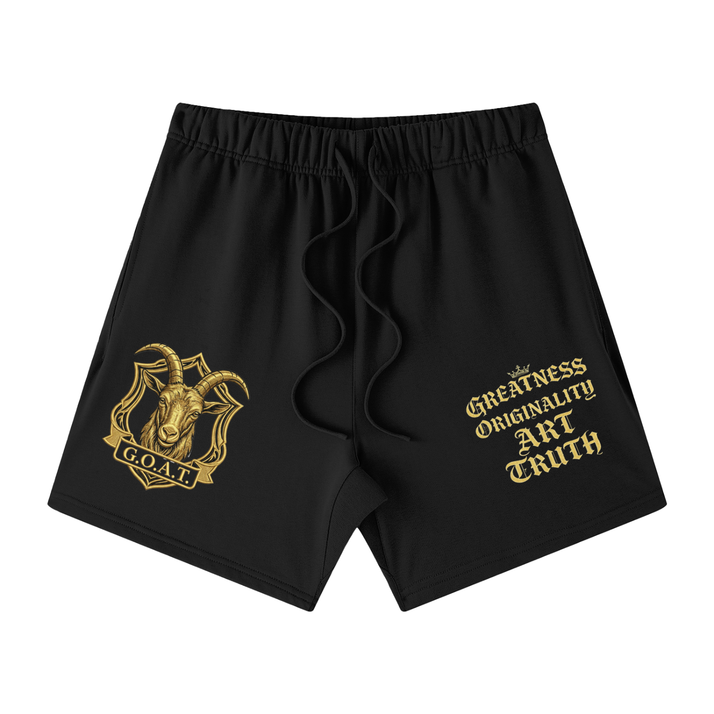 Unisex black cotton shorts with elastic waistband and gold graphic print on legs