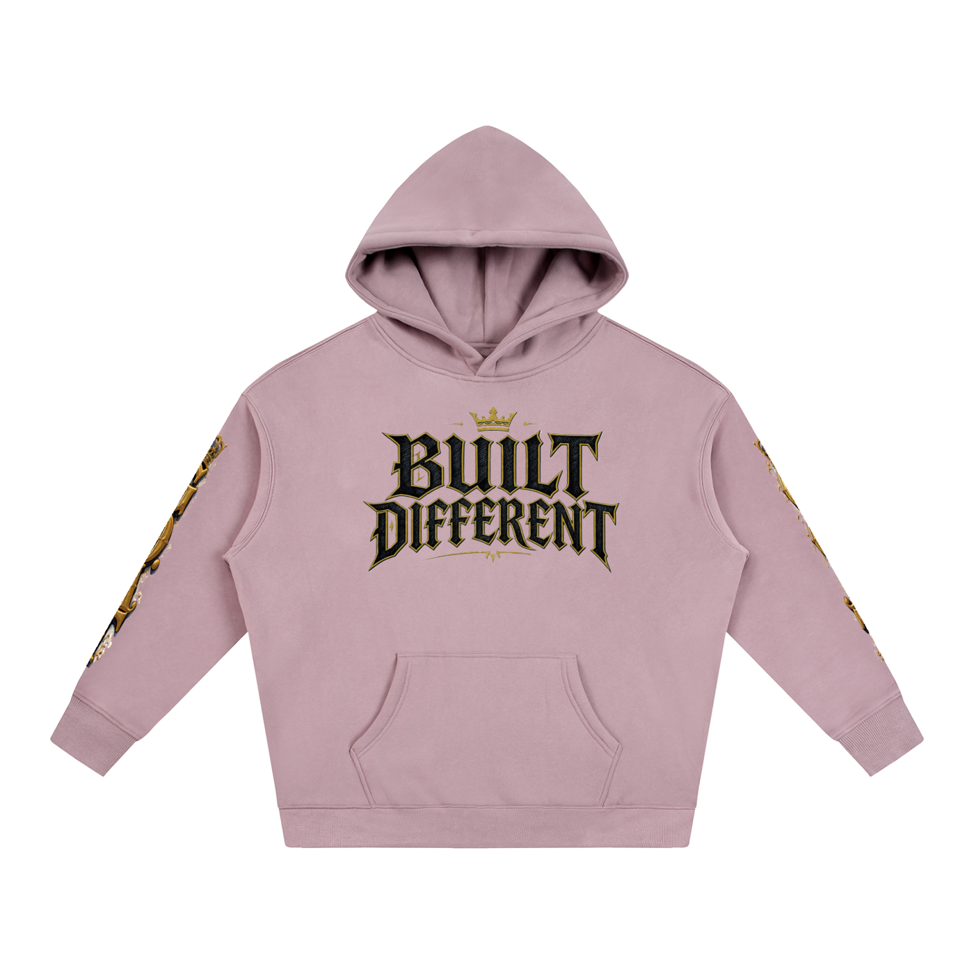 Dusty pink oversized fleece hoodie, front graphic "Built Different" and gold sleeve print