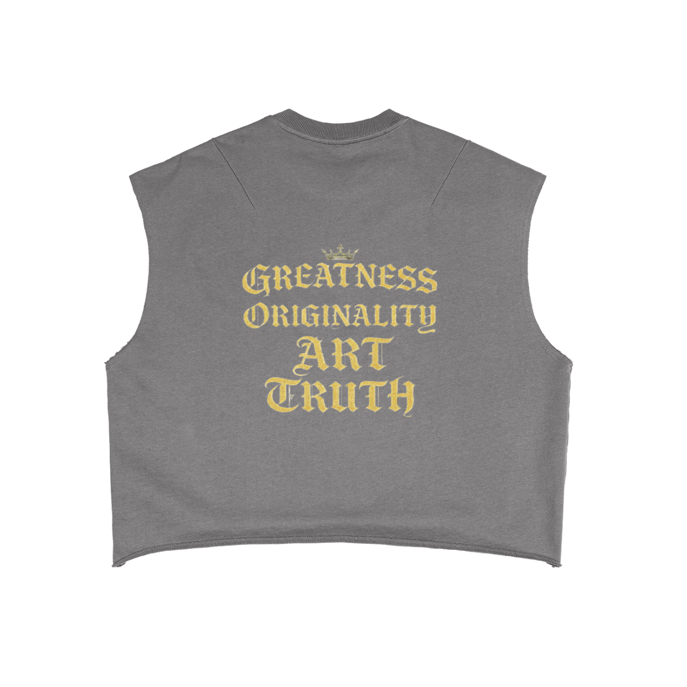 Gray French terry boxy tank top with gold 'Greatness Originality Art Truth' print