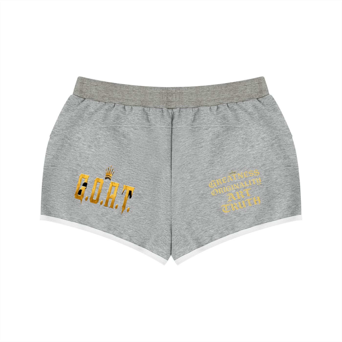 Heather gray women’s retro shorts with G.O.A.T and “Greatness Original Art Truth” embroidery