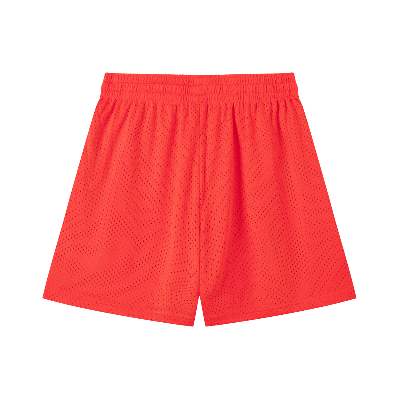Orange mesh drawstring shorts with dotted texture and elastic waistband