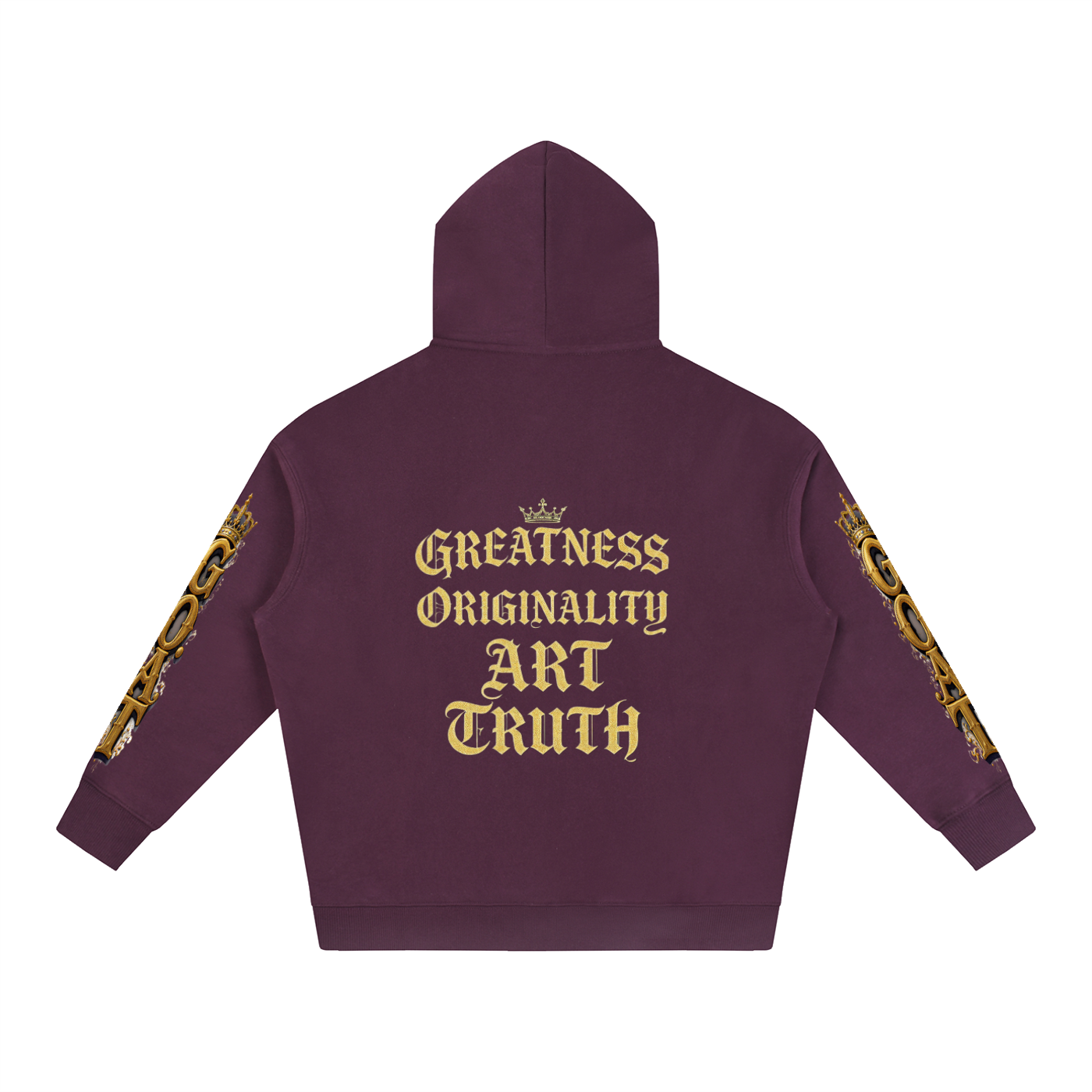 Plum oversized fleece hoodie, back text "Greatness Originality Art Truth"