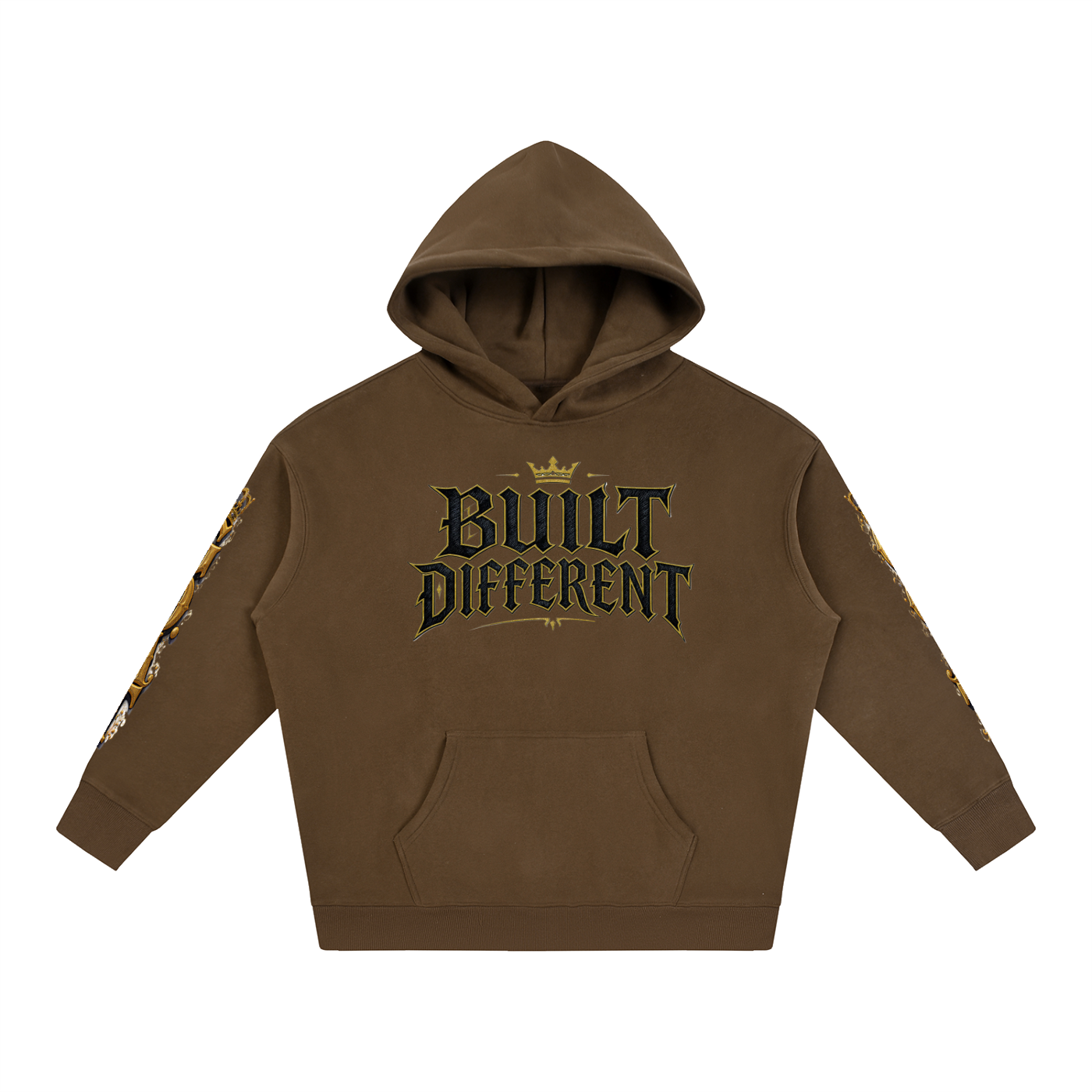 Mocha brown oversized fleece hoodie, front logo: Built Different, hood and kangaroo pocket