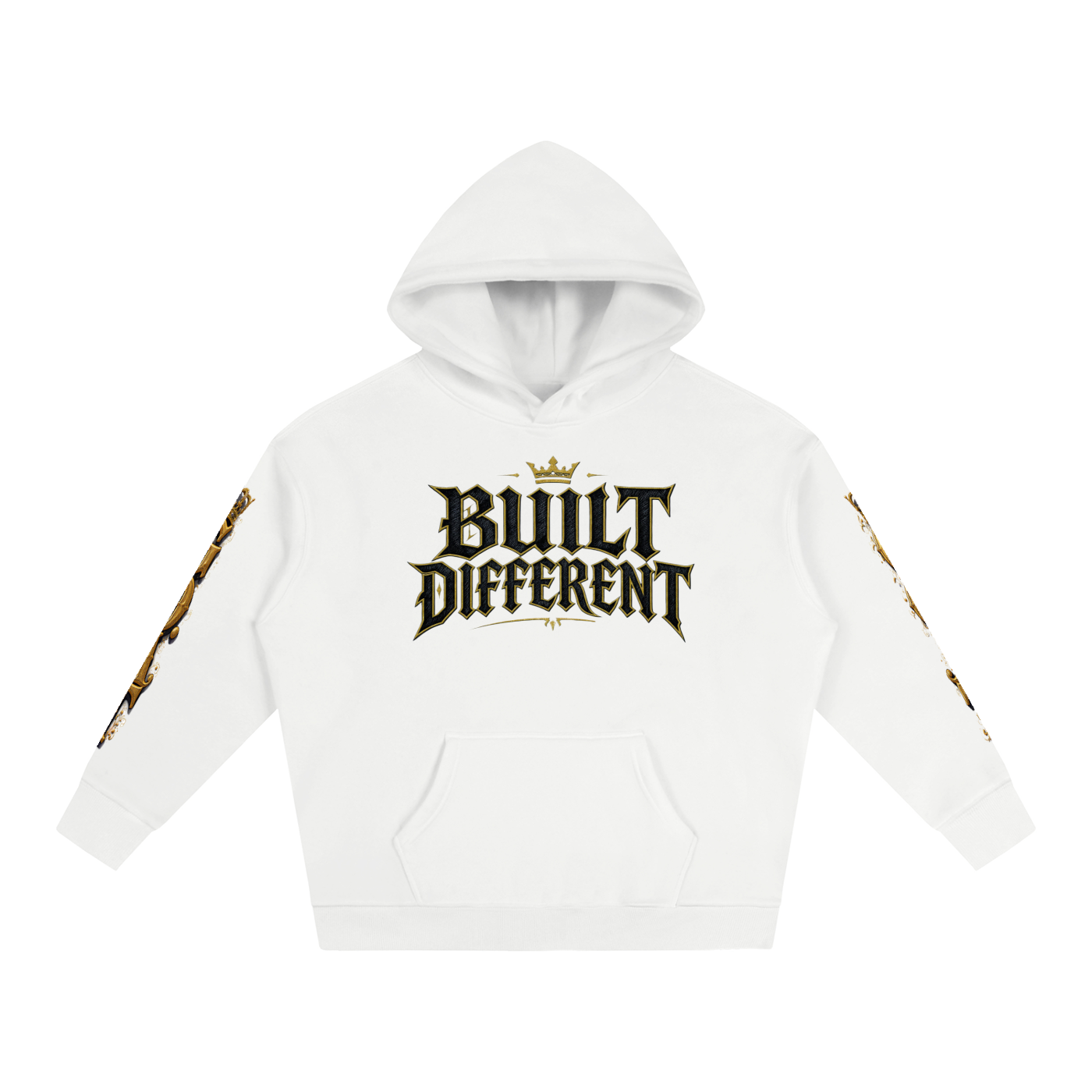White oversized fleece hoodie, front 'Built Different' logo with gold sleeve accents
