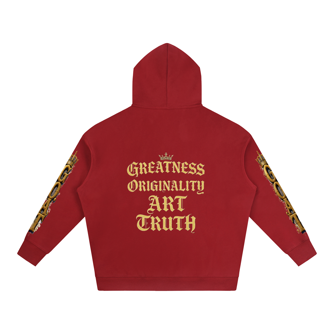 Red oversized fleece hoodie, back text "Greatness Originality Art Truth"