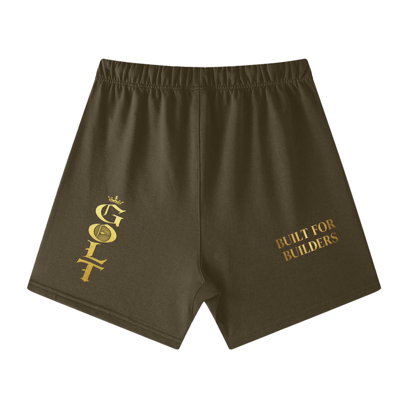 Unisex cotton shorts, olive-brown, elastic waistband, gold G.O.A.T and text graphic.