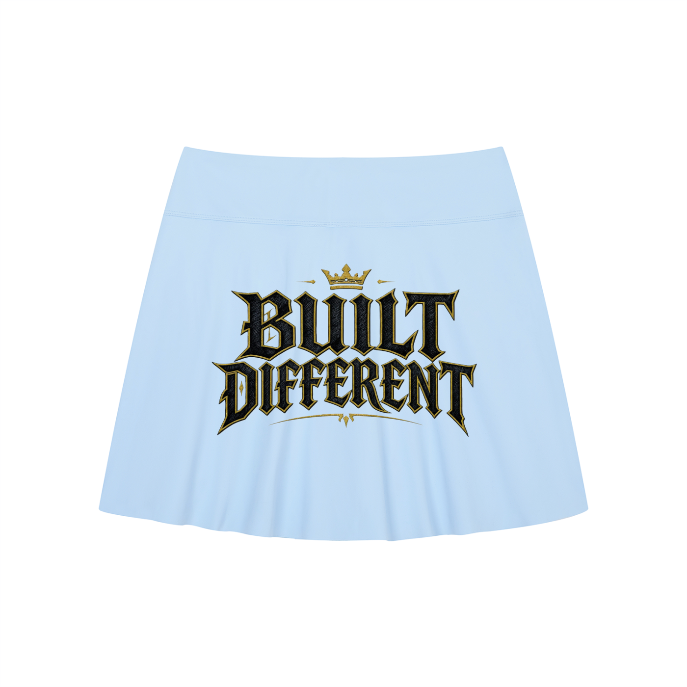 Light blue mini slit skirt with "Built Different" logo graphic
