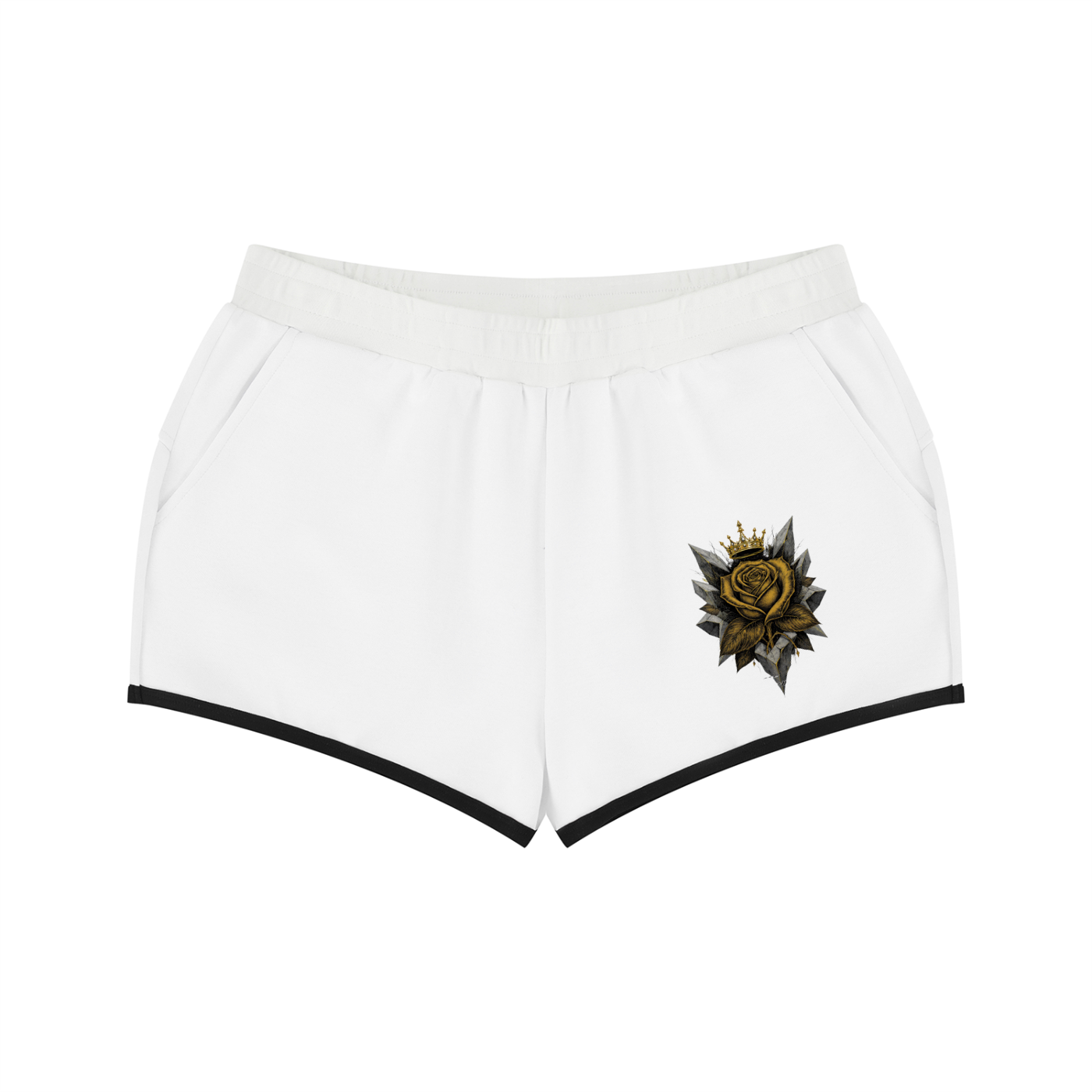 White women’s retro shorts with black trim and a rose emblem on the front