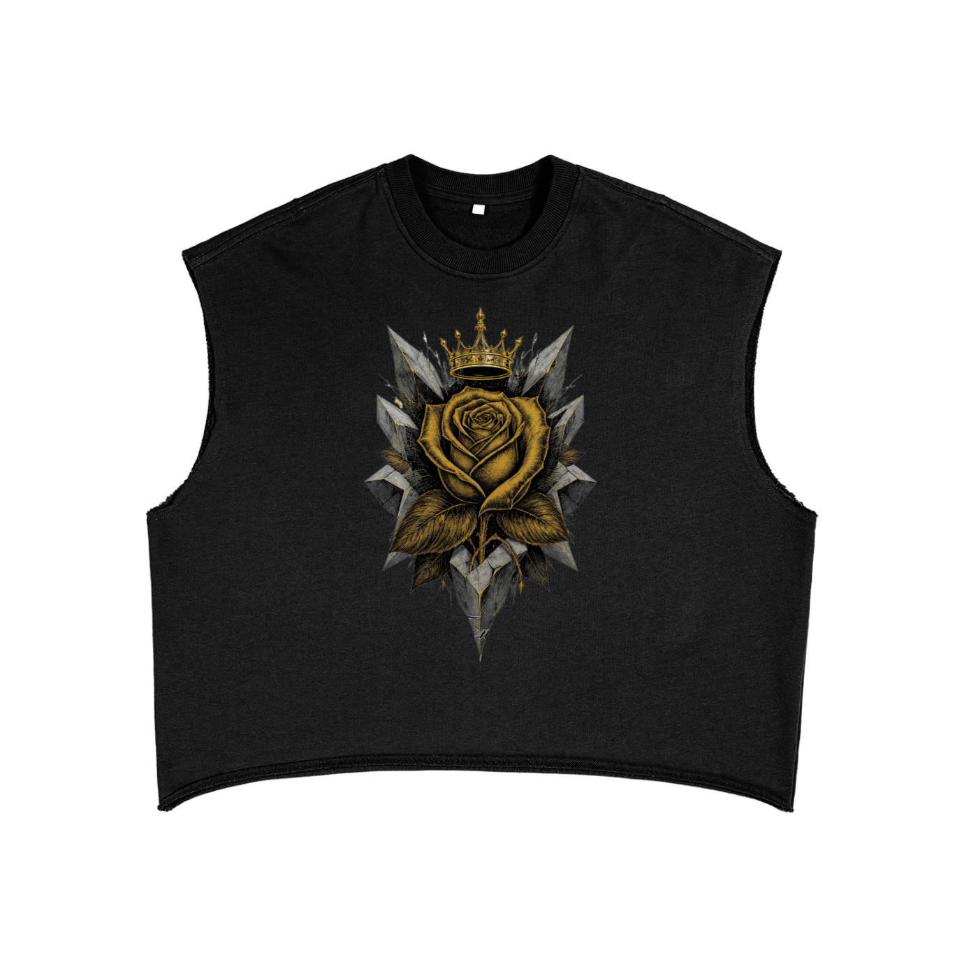 Black boxy tank top with large gold rose-and-crown graphic