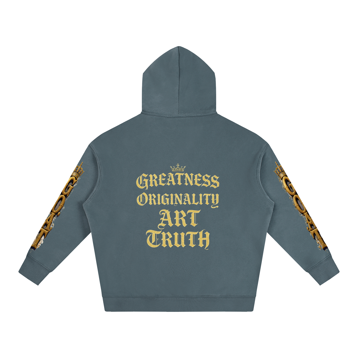 Oversized fleece hoodie, slate teal, back print, hood and kangaroo pocket