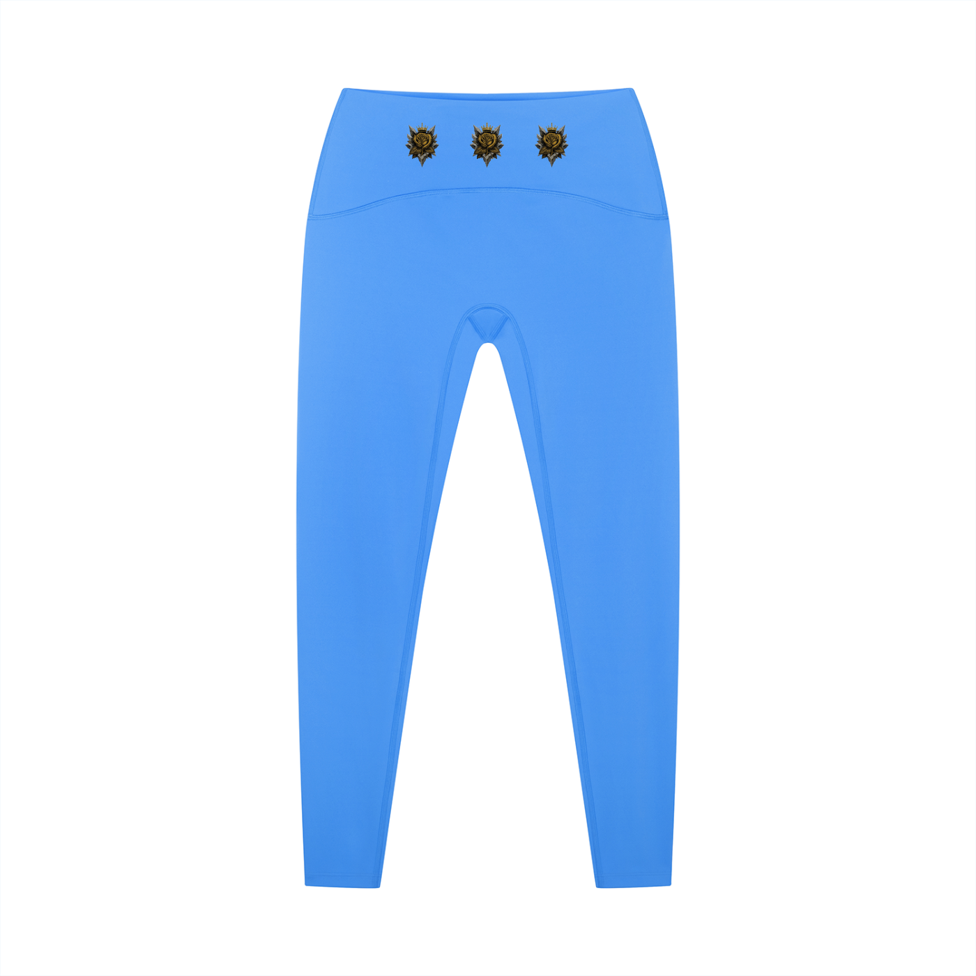 Blue high-waisted ankle yoga leggings with waistband emblems