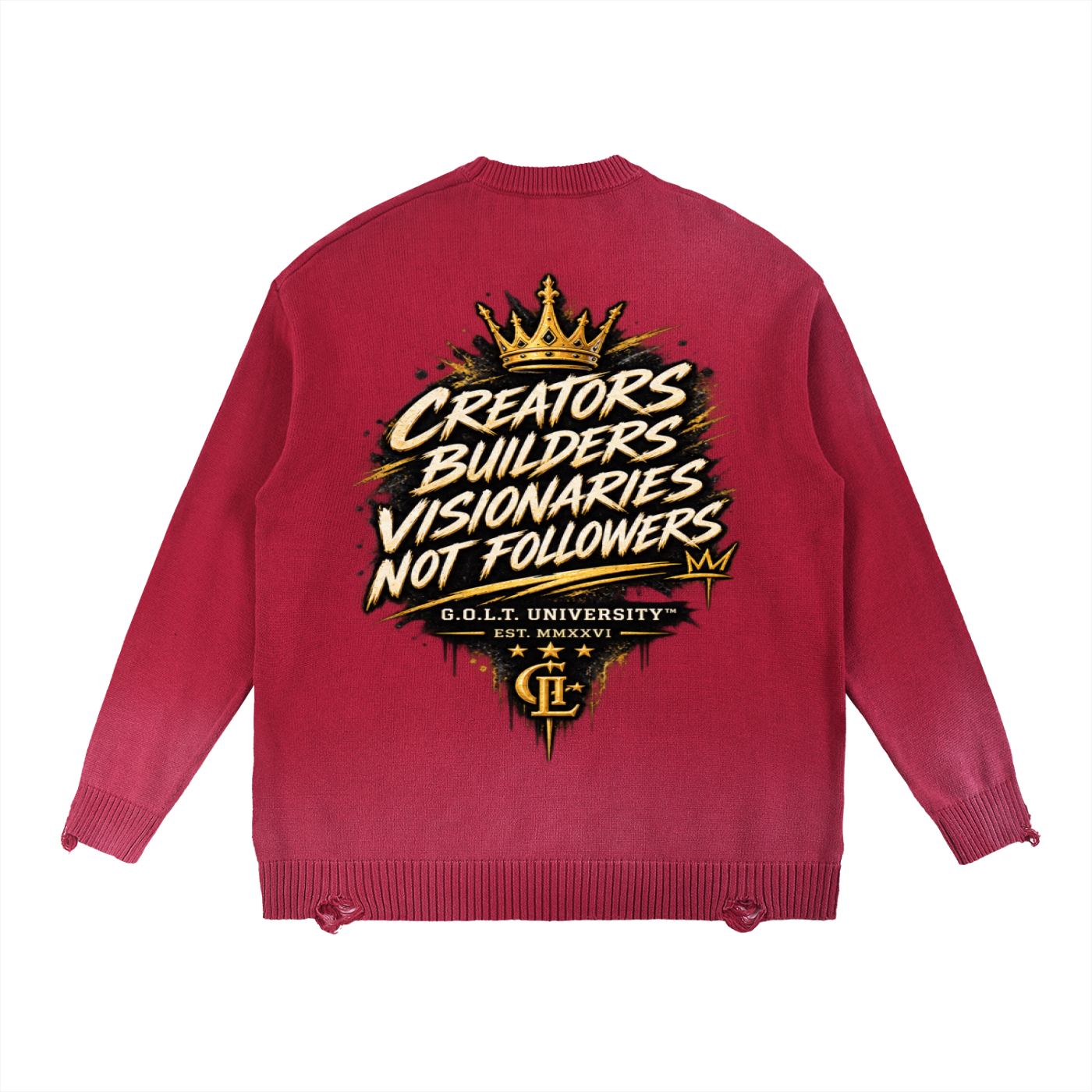 Red distressed crewneck sweatshirt with back G.O.L.T slogan graphic