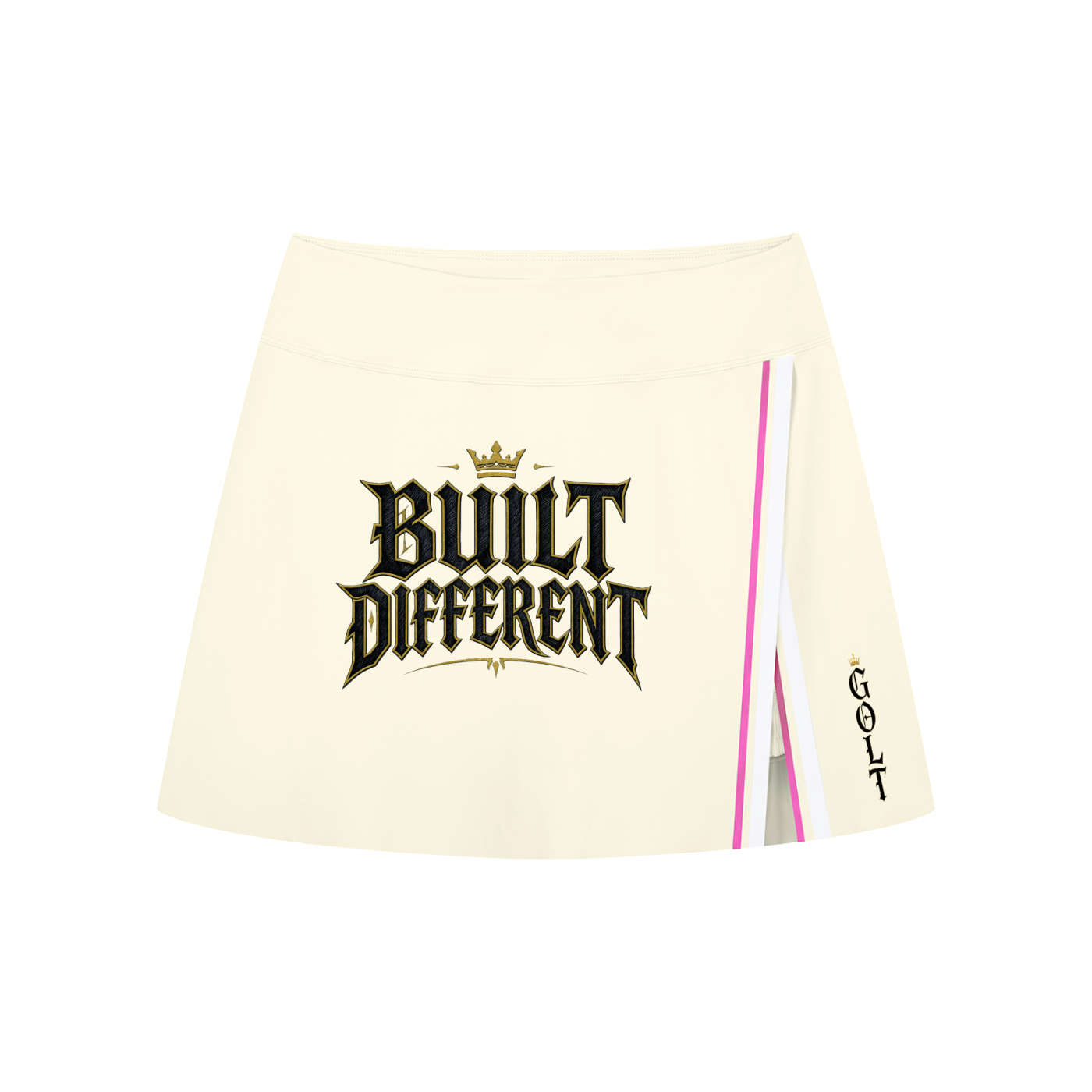 Cream mini slit skirt with pink-and-gold contrast stripe panel and logo graphic