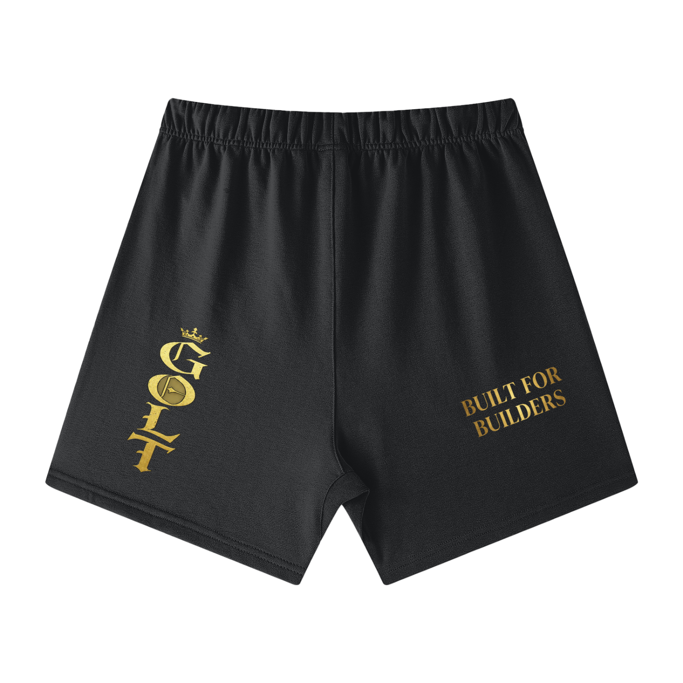 Unisex cotton shorts, black, elastic waistband, gold G.O.A.T and text graphic.
