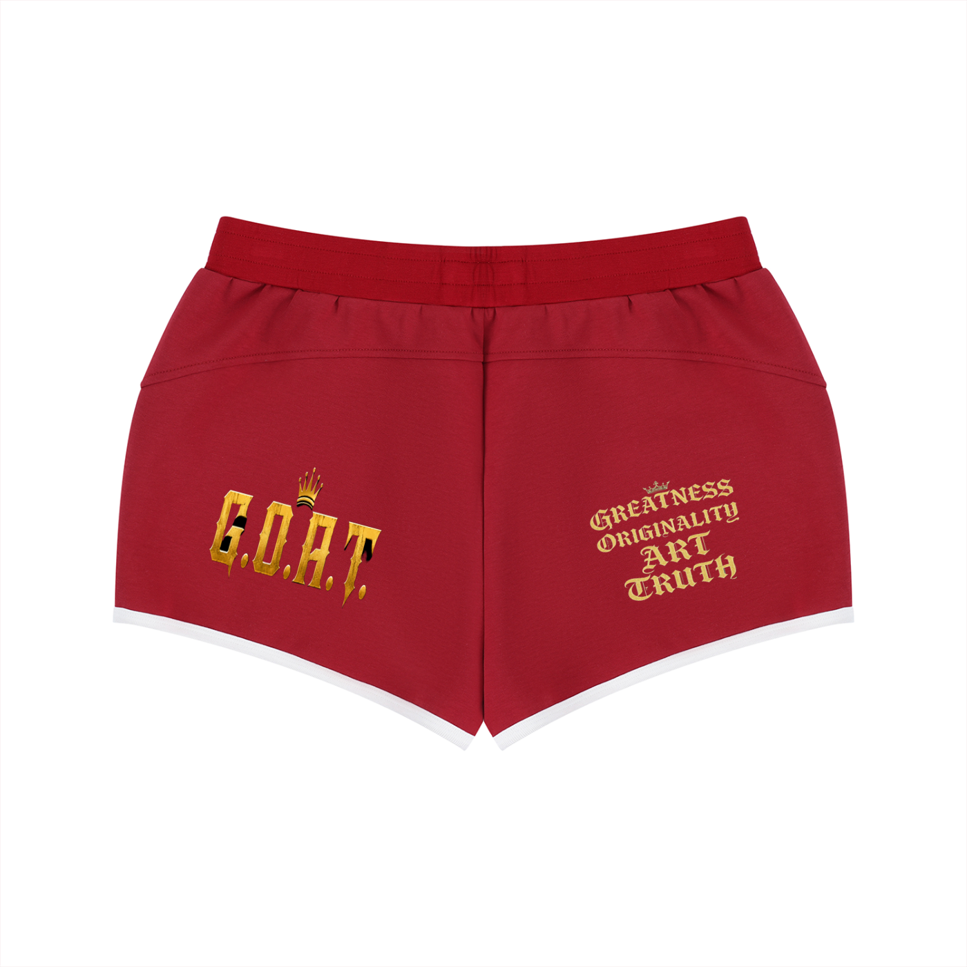 Red women’s retro shorts with G.O.A.T and “Greatness Original Art Truth” embroidery