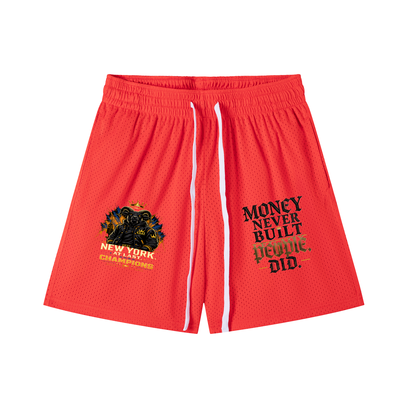 Orange mesh drawstring shorts with NYC Champions and Money Never Built print