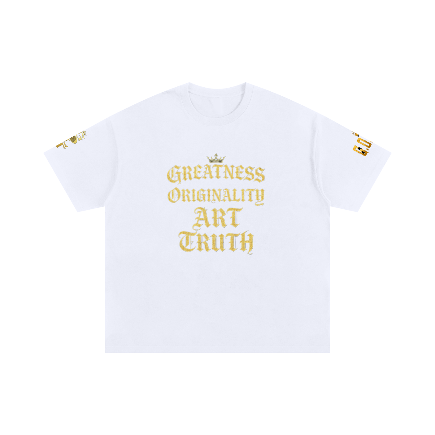 White oversized cotton T-shirt, front graphic in gold with "Greatness Originality Art Truth"