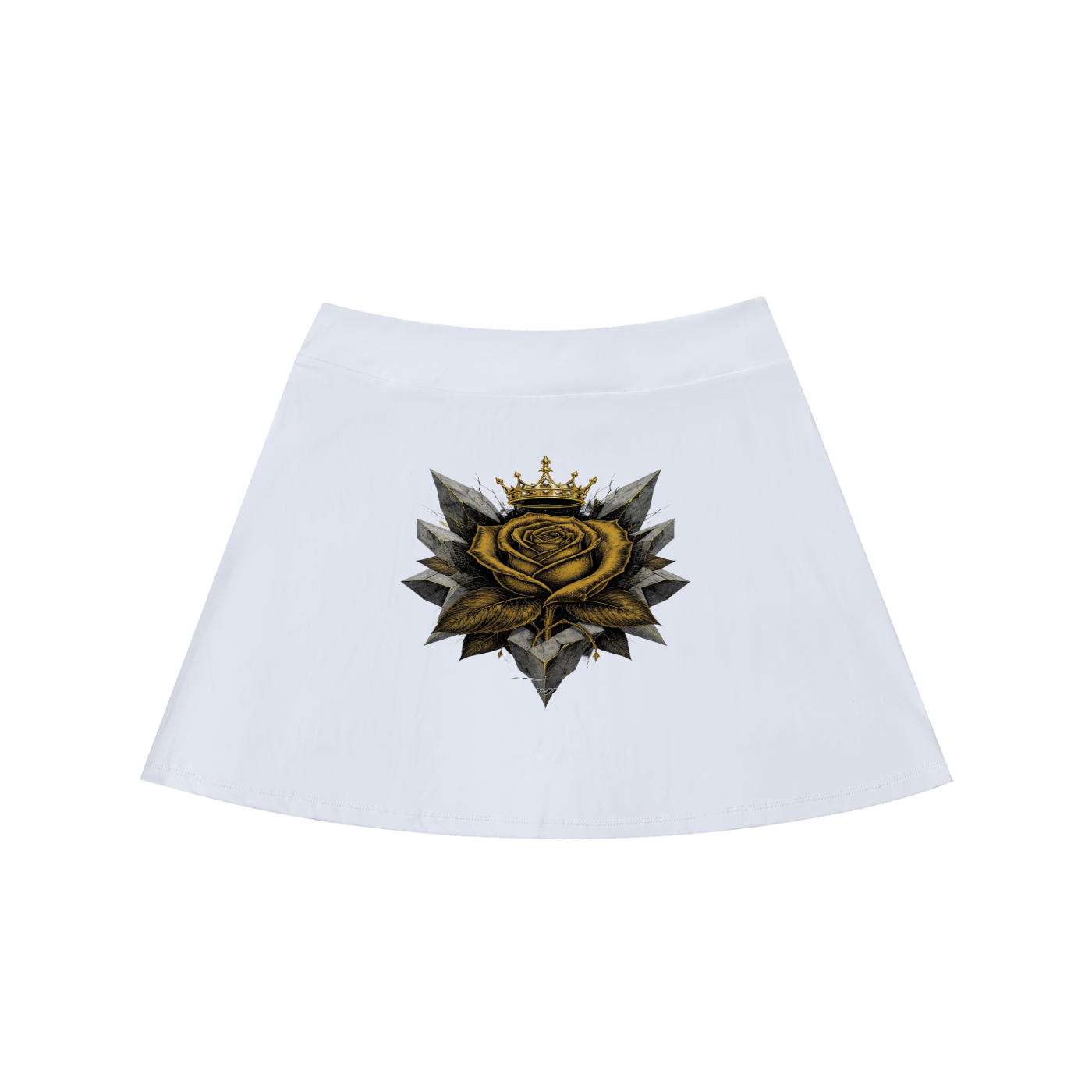 White high-waist A-line mini skirt with centered gold rose emblem graphic