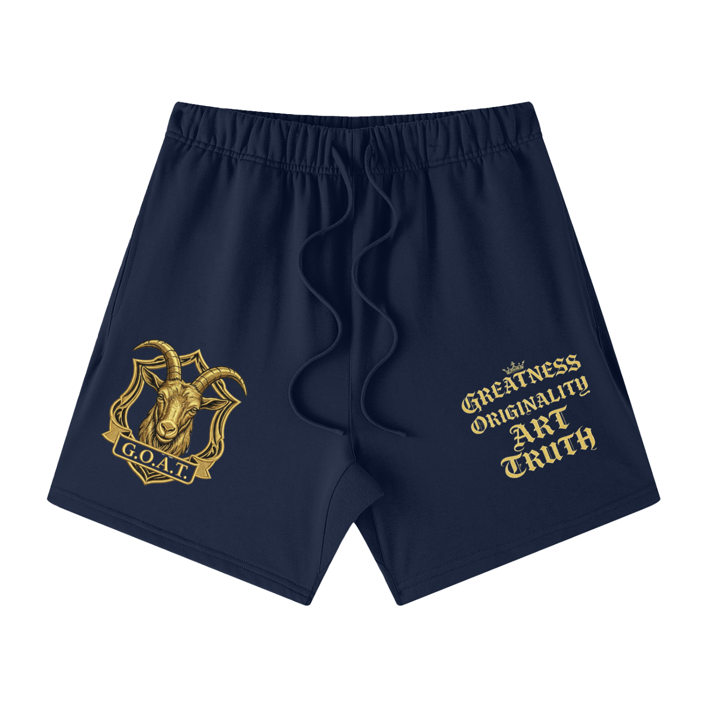 Unisex cotton shorts, navy, elastic waistband, gold logo and slogan graphic.