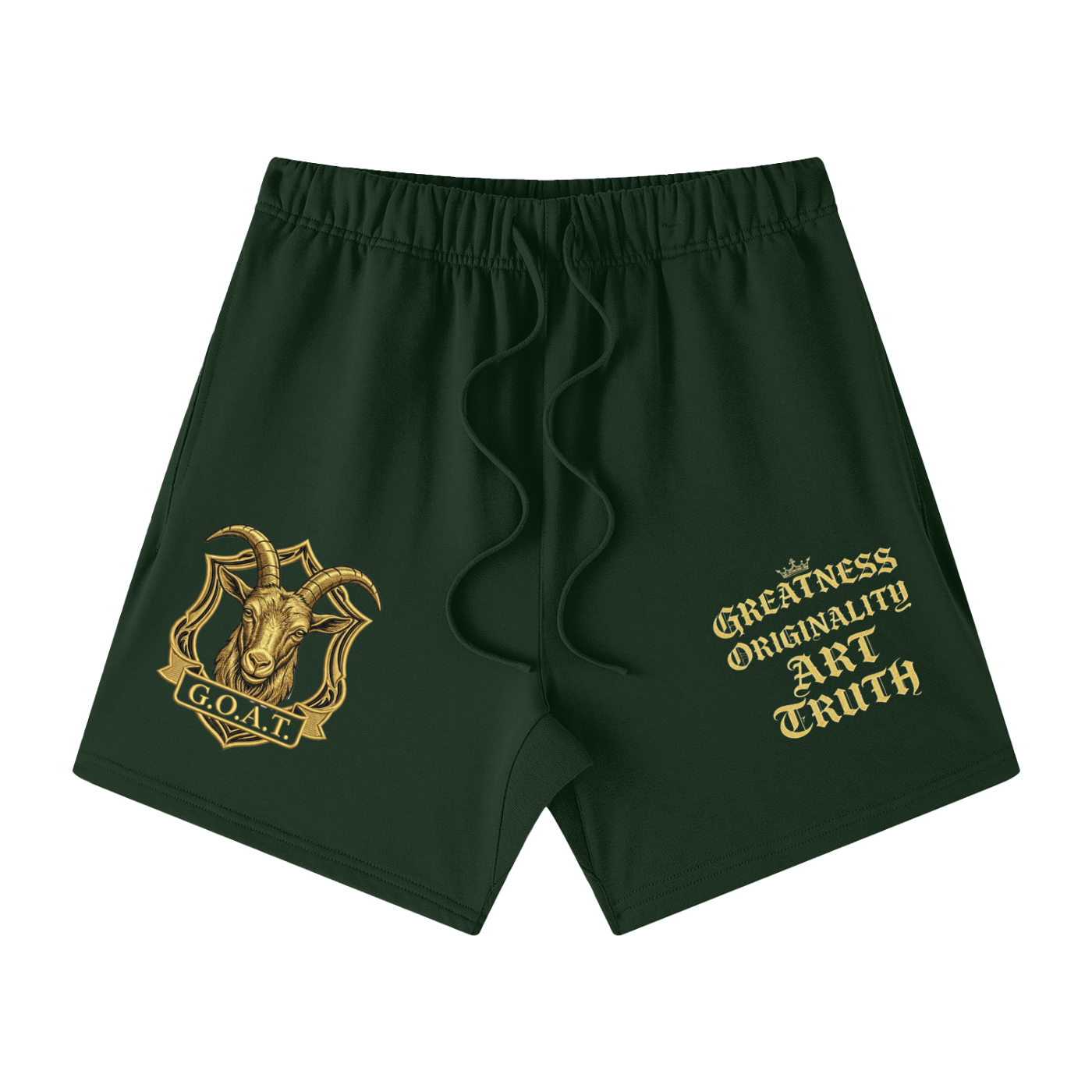 Unisex cotton shorts, deep green, elastic waistband, gold logo and slogan graphic.